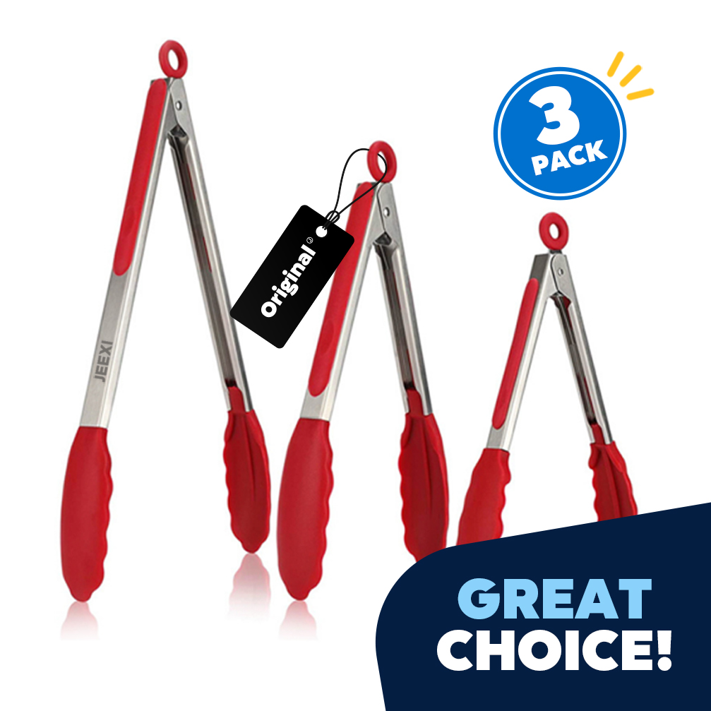 0_RED Kitchen Tongs for Cooking with Silicone Tips Stainless Steel Tongs 450℉ Locking Set 3, Cooking Serving Grilling Barbecuing Salads Kitchen Clips Easy to use