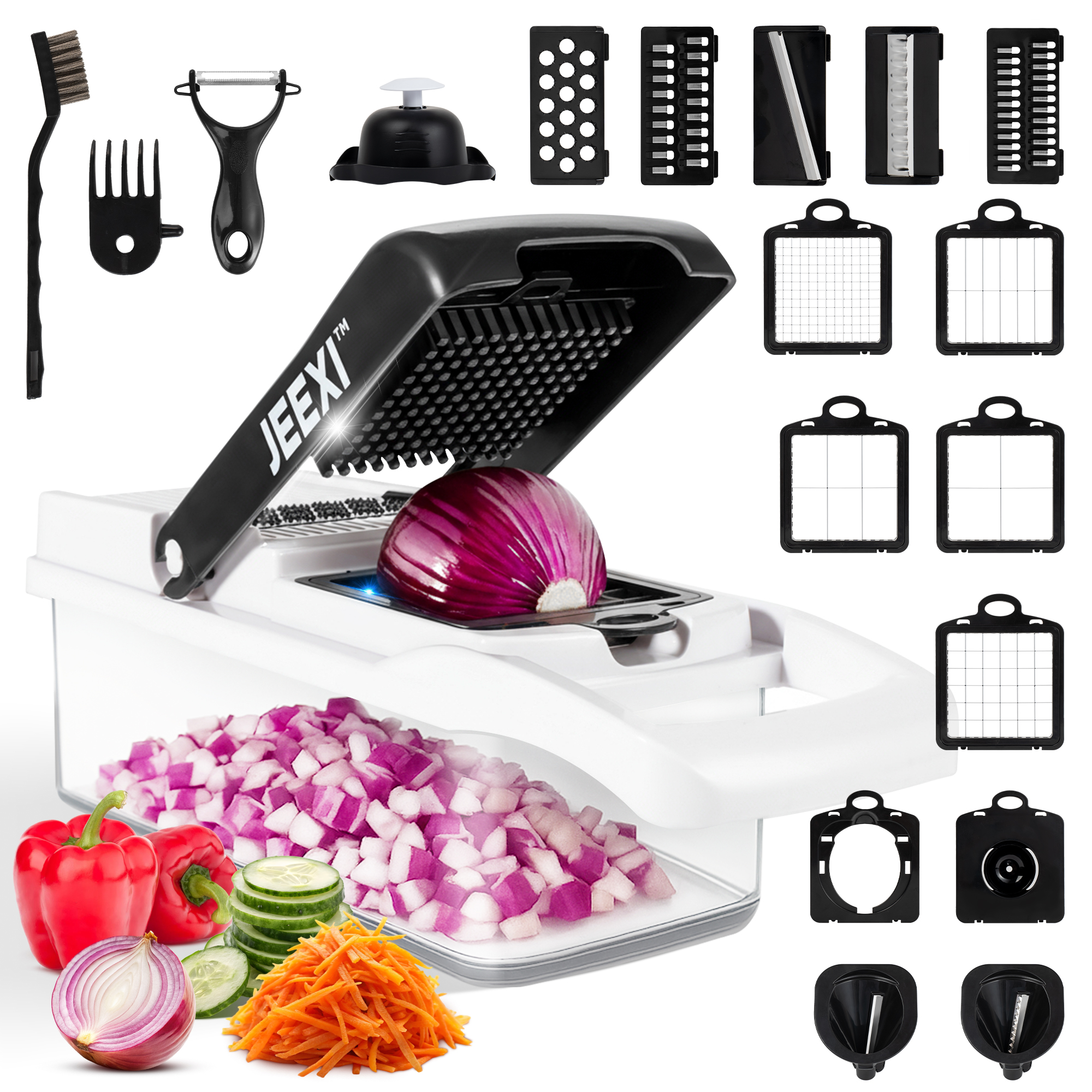 JEEXI Pro Vegetable Chopper, Multi-functional Onion Chopper, Veggie Chopper w Stainless Steel Blades, Vegetable Slicer w Container, Mandoline Slicer, Dicer, Cutter 0