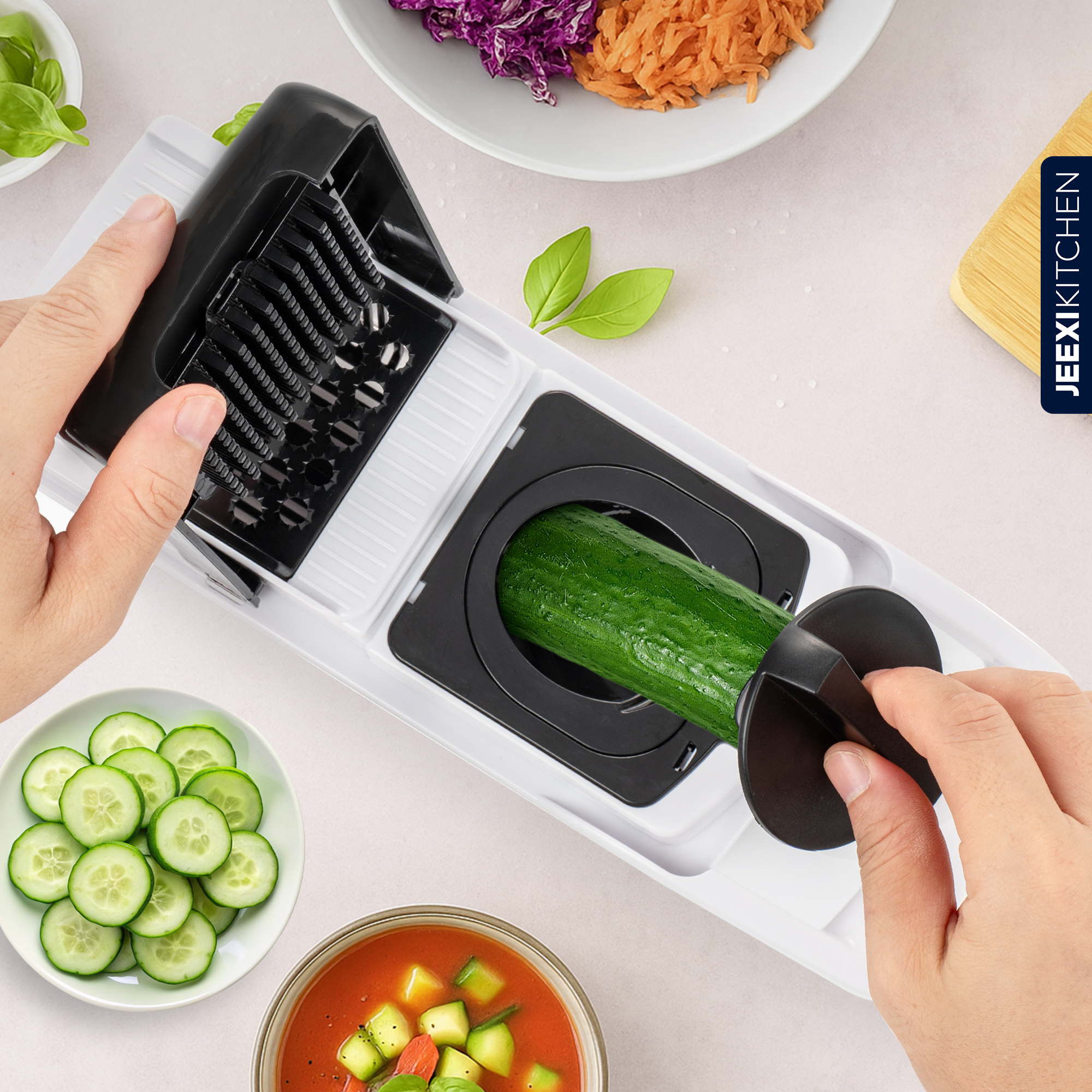 JEEXI Pro Vegetable Chopper, Multi-functional Onion Chopper, Veggie Chopper w Stainless Steel Blades, Vegetable Slicer w Container, Mandoline Slicer, Dicer, Cutter 3