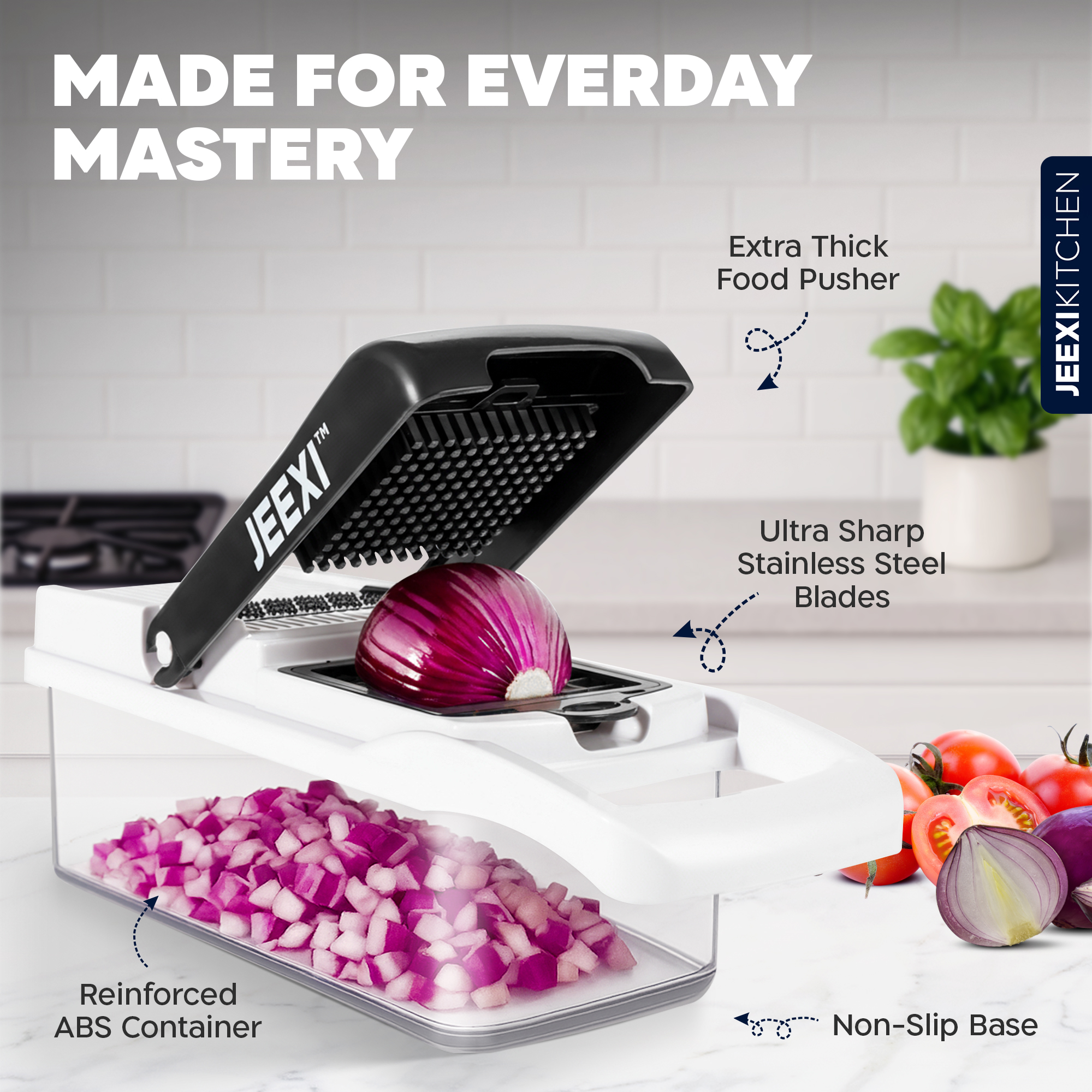 JEEXI Pro Vegetable Chopper, Multi-functional Onion Chopper, Veggie Chopper w Stainless Steel Blades, Vegetable Slicer w Container, Mandoline Slicer, Dicer, Cutter 5