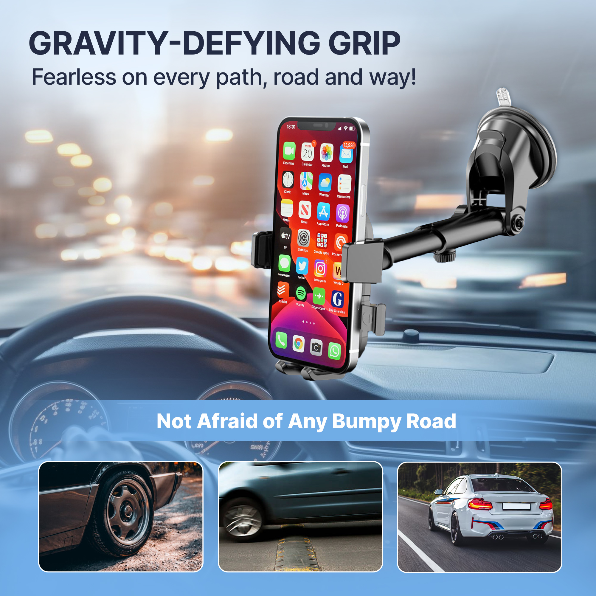 JEEXI Strong Phone Holder Car Mount, Super Powerful Suction Dashboard Windshield Cellphone Holder, Hands Free Universal Air 2