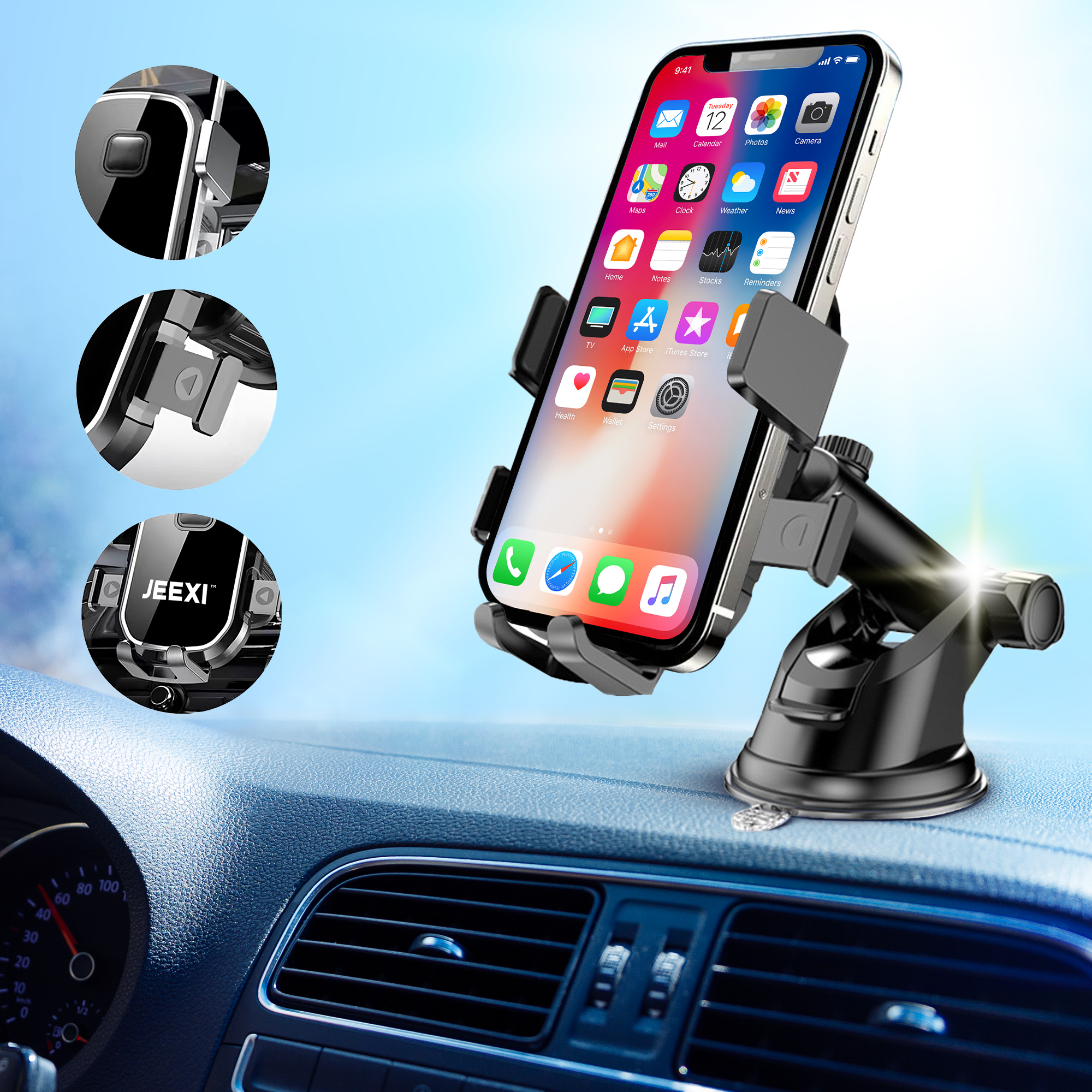 JEEXI Strong Phone Holder Car Mount, Super Powerful Suction Dashboard Windshield Cellphone Holder, Hands Free Universal Air 7
