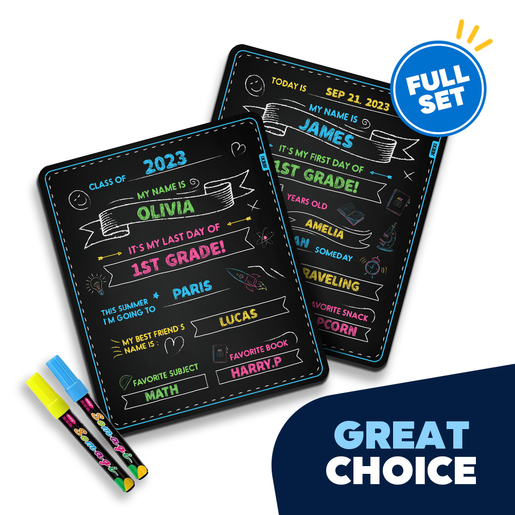 0_First Day and Last Day of School Chalkboard + 2 Pens & 5 Chalks 10 x 12, Reusable Back to School Photo Prop