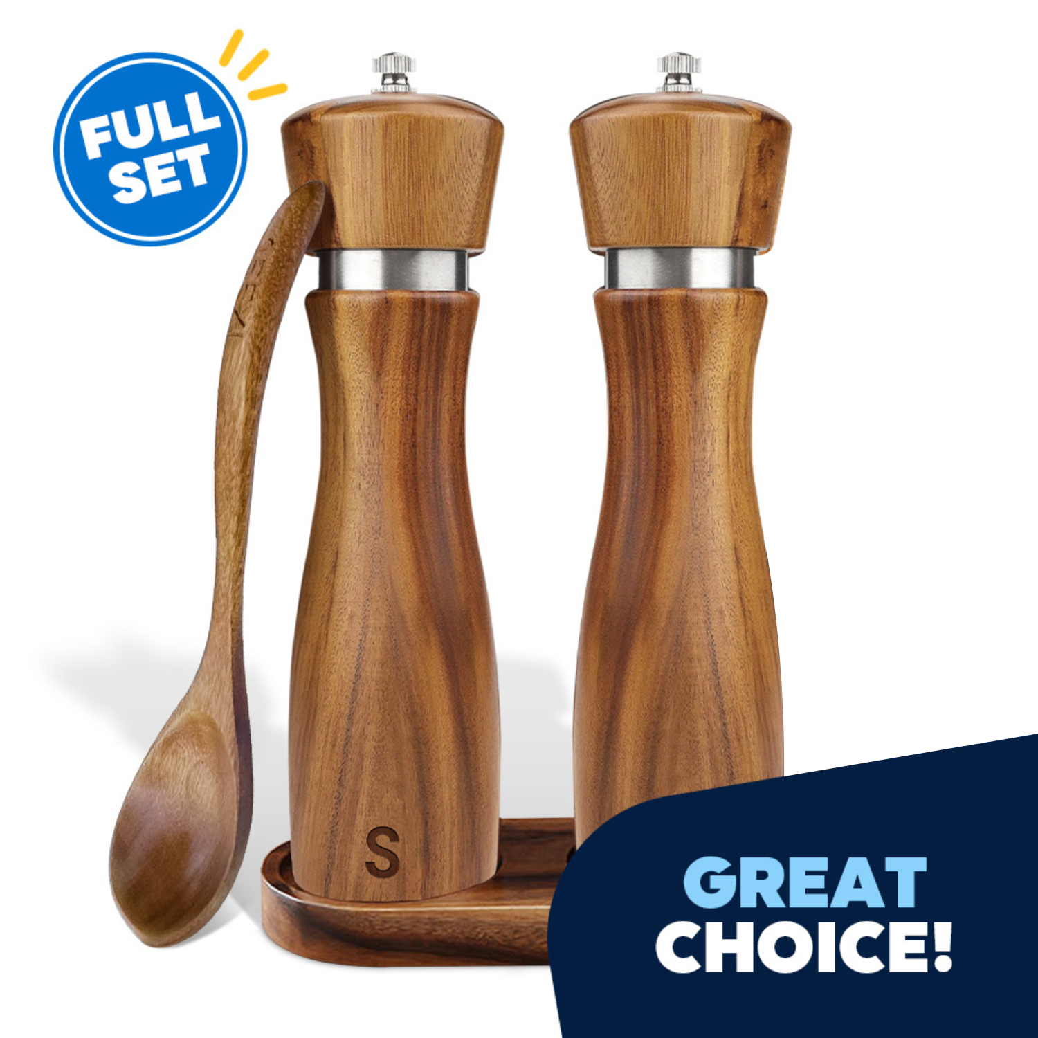 0_Premium Wooden Salt and Pepper Grinder Set, Adjustable Ceramic Coarseness, Refillable Solid Acacia Wood Mills with Stainless Steel Core, 8-Inch Tall - Incl copy