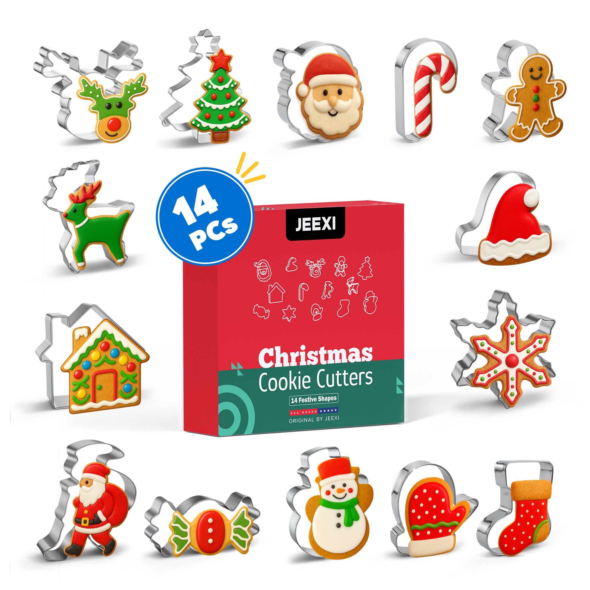 JEEXI 14 Pack Christmas Cookie Cutters Set, Holiday Winter Xmas Cookies Cutters, Party Baking Supplies, Stainless Steel Gingerbread Man Tree Snowflake _0