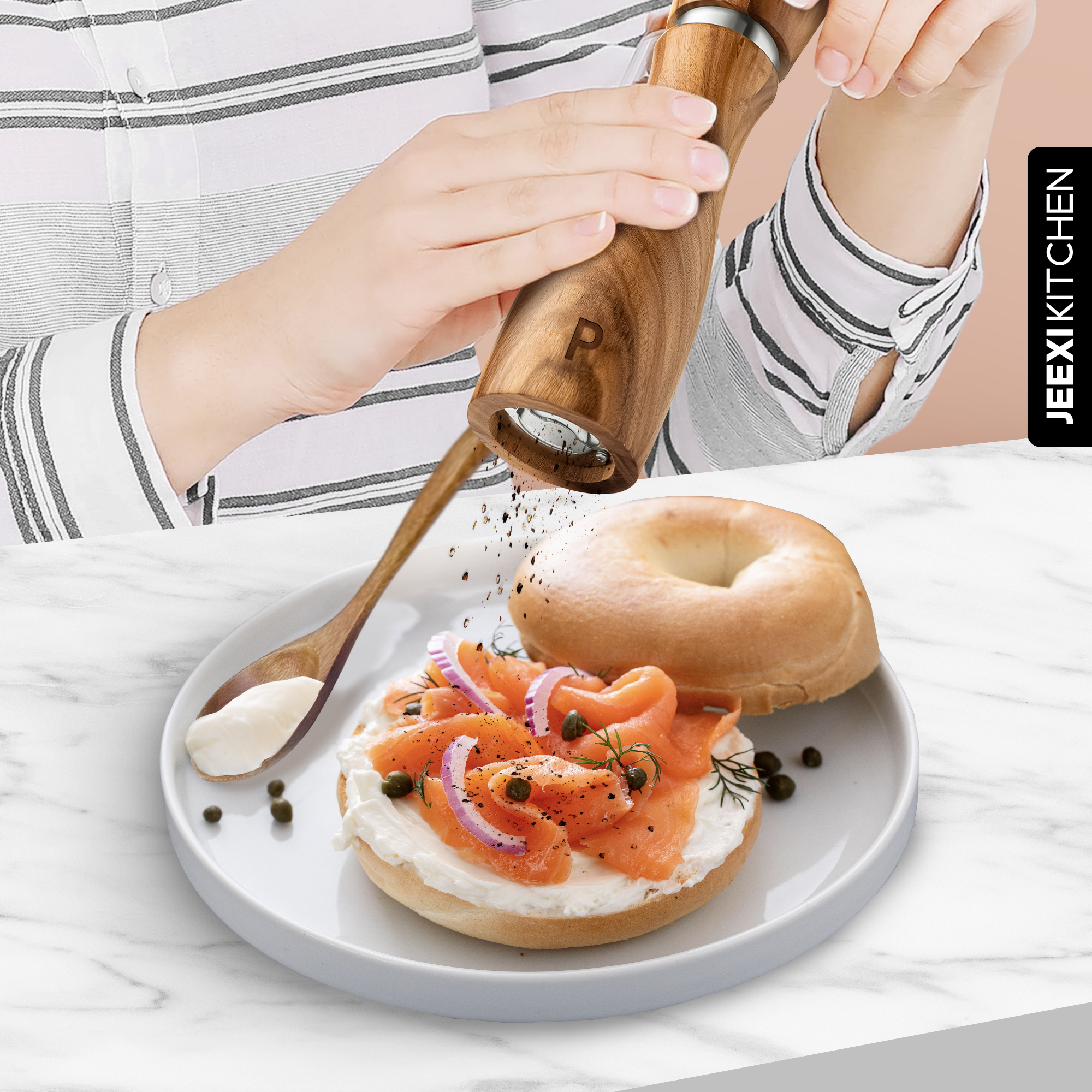 Premium Wooden Salt and Pepper Grinder Set, Adjustable Ceramic Coarseness, Refillable Solid Acacia Wood Mills with Stainless Steel Core, 8-Inch Tall - Includ1