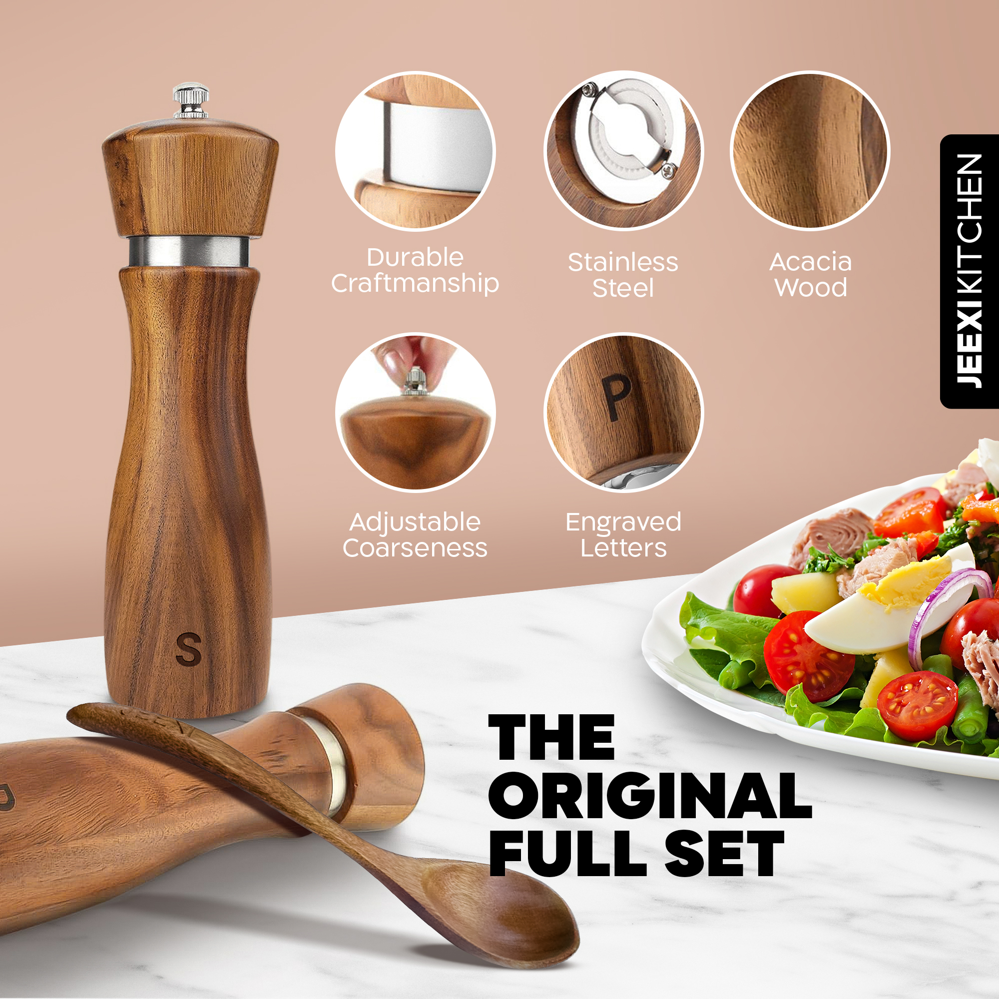 Premium Wooden Salt and Pepper Grinder Set, Adjustable Ceramic Coarseness, Refillable Solid Acacia Wood Mills with Stainless Steel Core, 8-Inch Tall - Includes Free 2