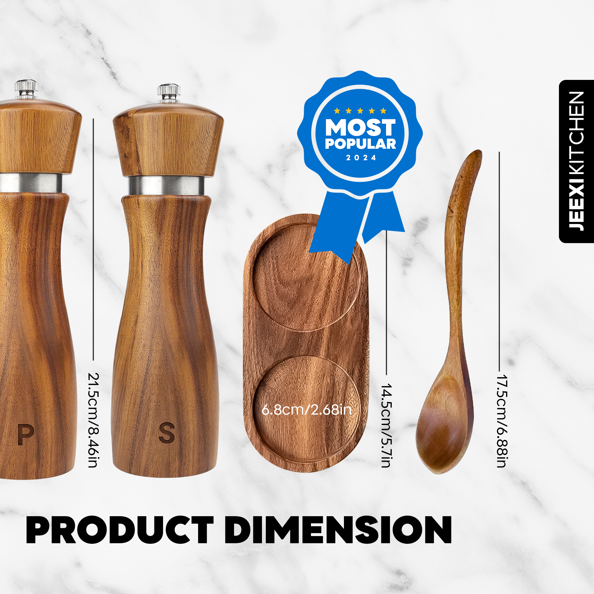 Premium Wooden Salt and Pepper Grinder Set, Adjustable Ceramic Coarseness, Refillable Solid Acacia Wood Mills with Stainless Steel Core, 8-Inch Tall - Includes Free 4