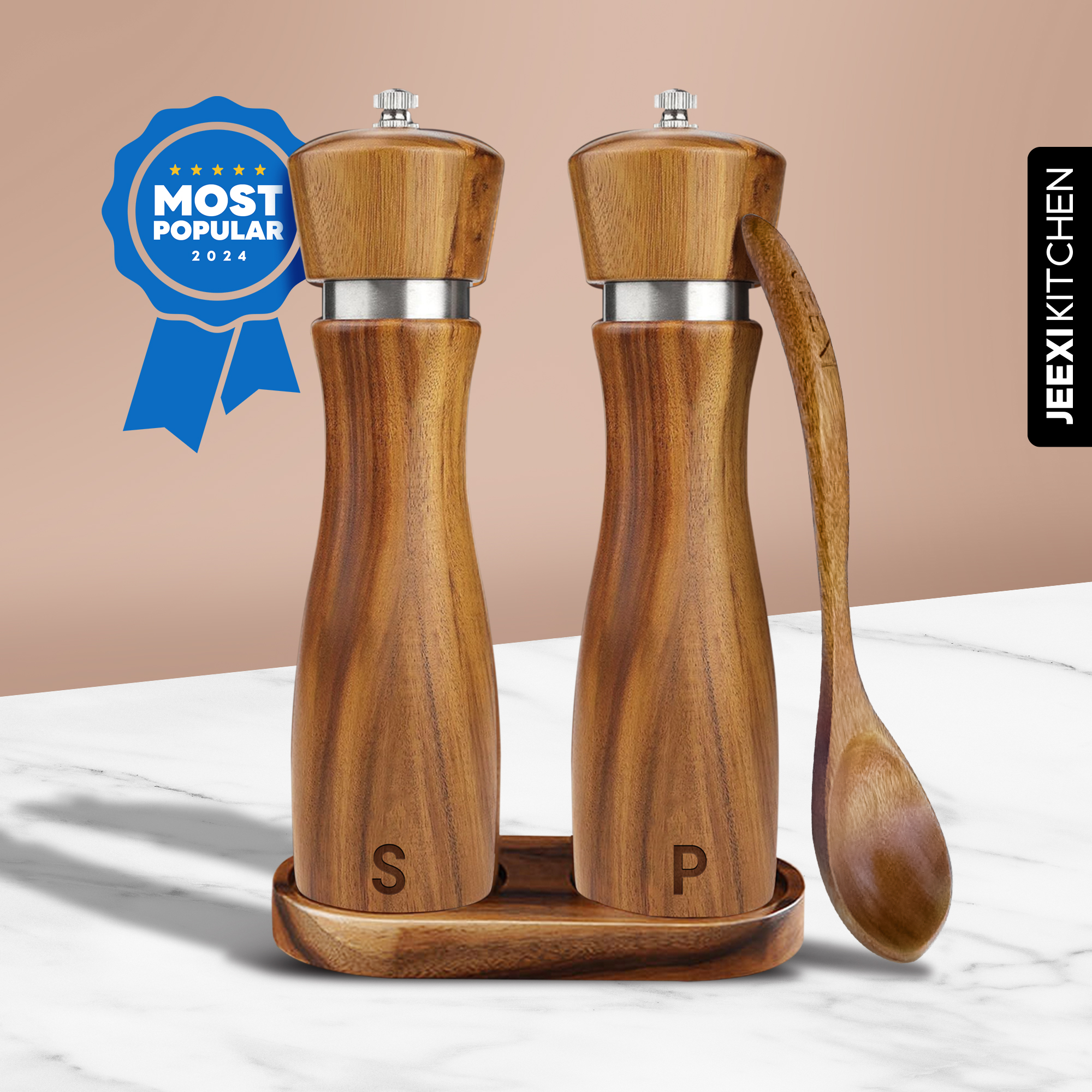 Premium Wooden Salt and Pepper Grinder Set, Adjustable Ceramic Coarseness, Refillable Solid Acacia Wood Mills with Stainless Steel Core, 8-Inch Tall - Includes Free 6