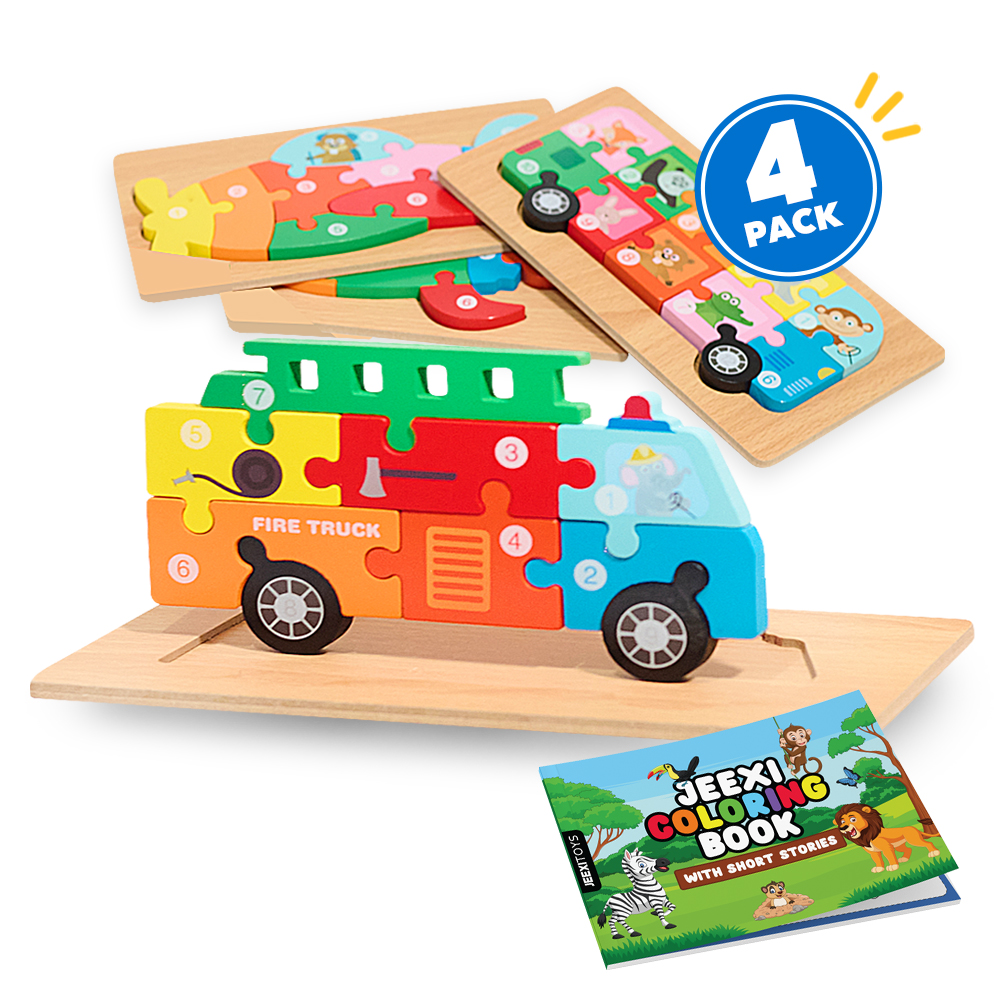 0_4 Pack - Montessori Wooden Puzzles + Coloring Book for Toddlers 2 3 4 5 Years Old, Vehicles Jigsaw Learning Toys for Kids, Children, Early Educational Color