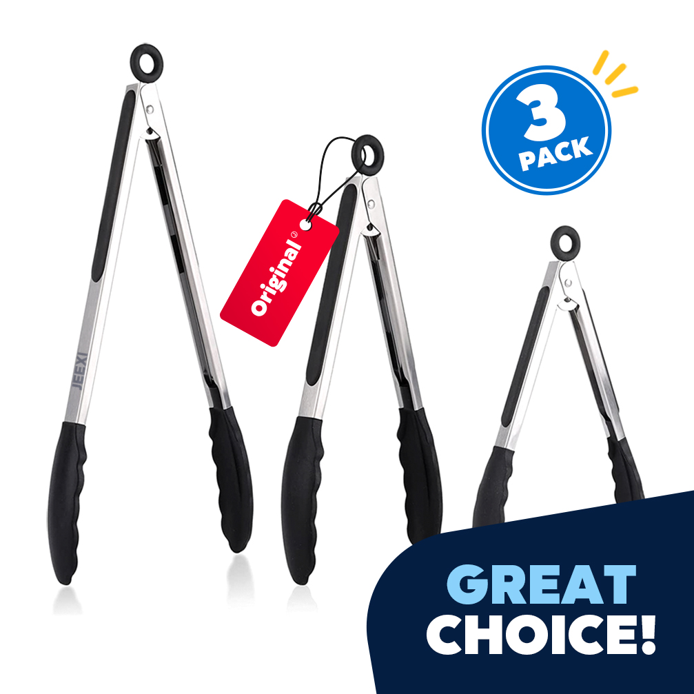 0_Black Kitchen Tongs for Cooking with Silicone Tips Stainless Steel Tongs 450℉ Locking Set 3, Cooking Serving Grilling Barbecuing Salads Kitchen Clips Easy to Use