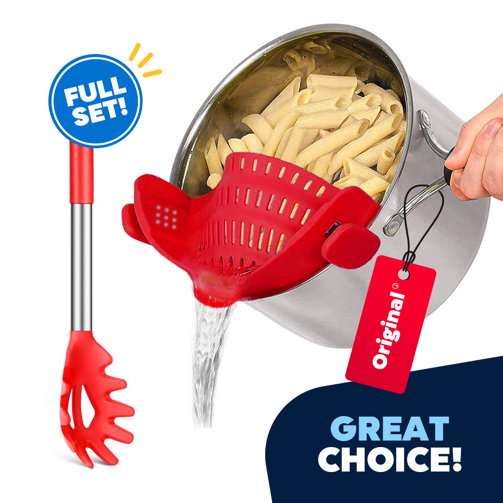 0_JEEXI Pasta Strainer and Pot Strainer - Adjustable Silicone Clip On Strainer for Pans, Pots, and Bowls - Dishwasher Safe Kitchen Colander - Red Large 1