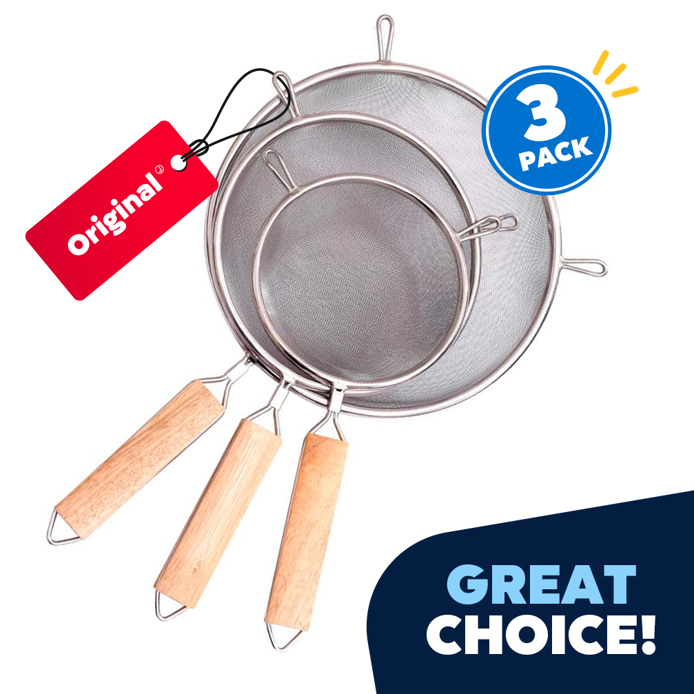 0_JEEXI Set of 3 Premium Strainers - Sieve Mesh Extra Fine Stainless Steel Strainers, Wooden Handles, Ideal to Strain Pasta, Quinoa and Rice