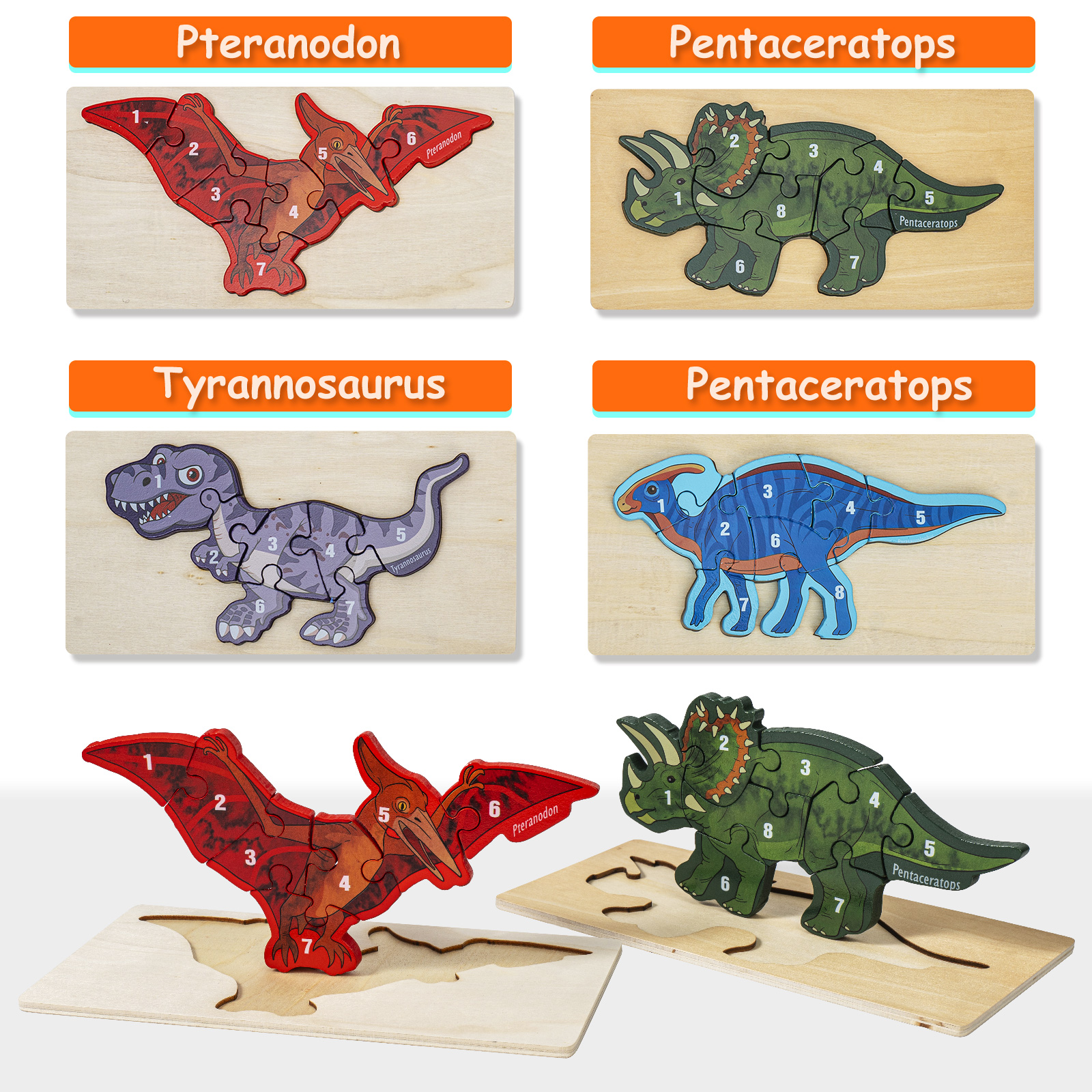4 Pack - Montessori Wooden Puzzles + Coloring Book for Toddlers 2 3 4 5 Years Old, Dinosaurs Jigsaw Learning Toys for Kids, Children, Early Educational 3