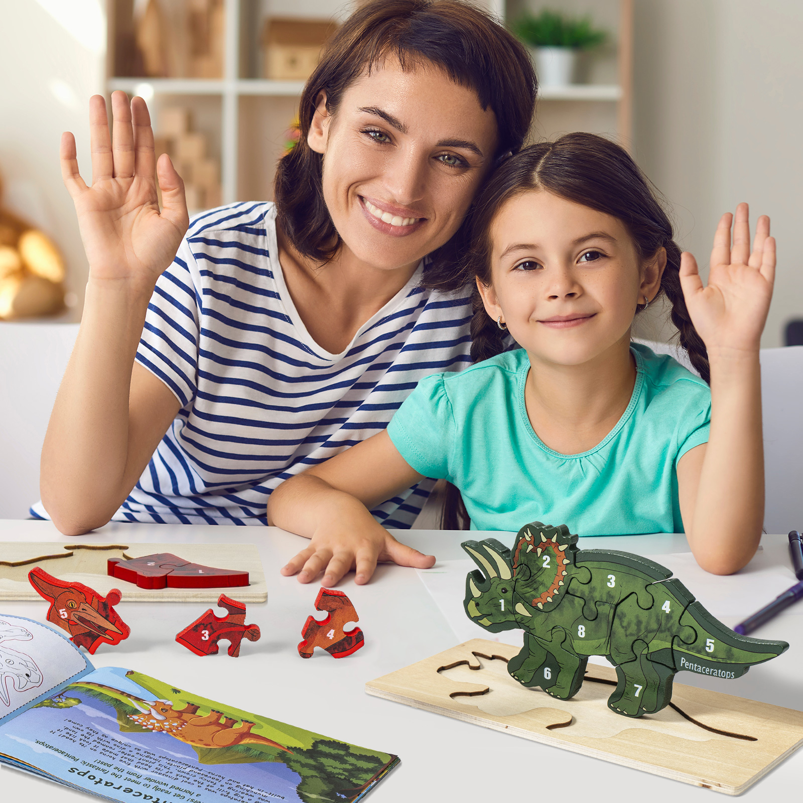 4 Pack - Montessori Wooden Puzzles + Coloring Book for Toddlers 2 3 4 5 Years Old, Dinosaurs Jigsaw Learning Toys for Kids, Children, Early Educational 4