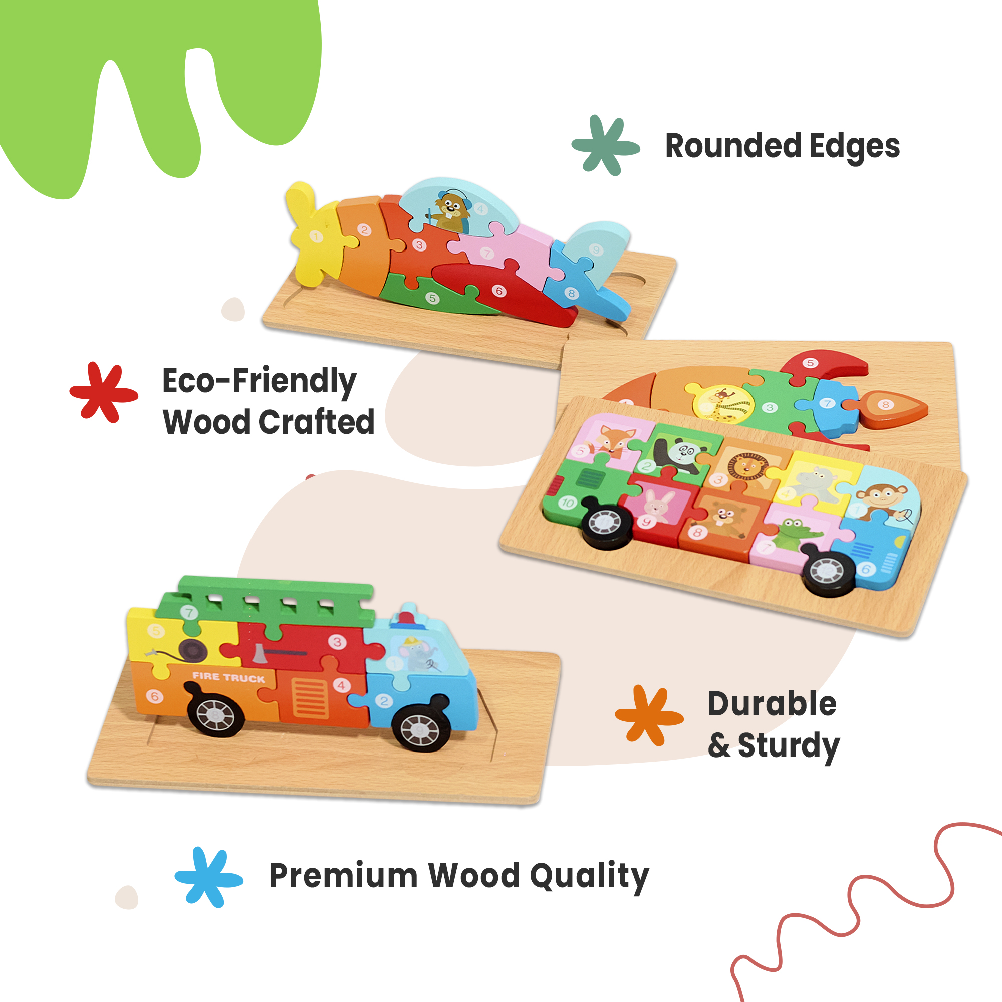 4 Pack - Montessori Wooden Puzzles + Coloring Book for Toddlers 2 3 4 5 Years Old, Vehicles Jigsaw Learning Toys for Kids, Children, Early Educational Co4
