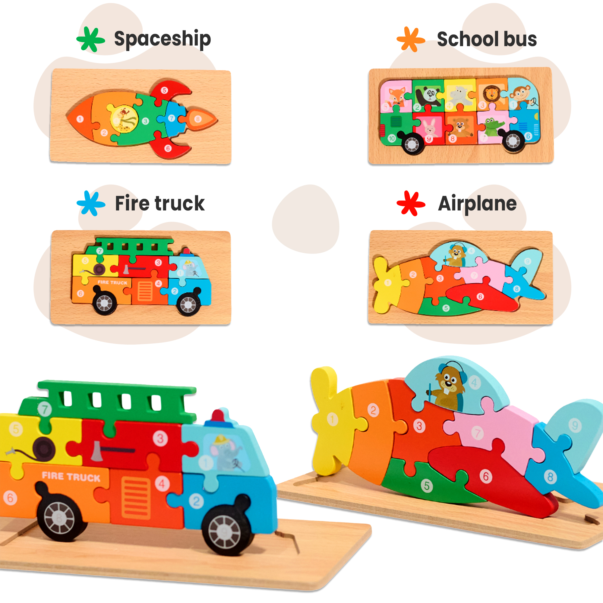 4 Pack - Montessori Wooden Puzzles + Coloring Book for Toddlers 2 3 4 5 Years Old, Vehicles Jigsaw Learning Toys for Kids, Children, Early Educational Co6