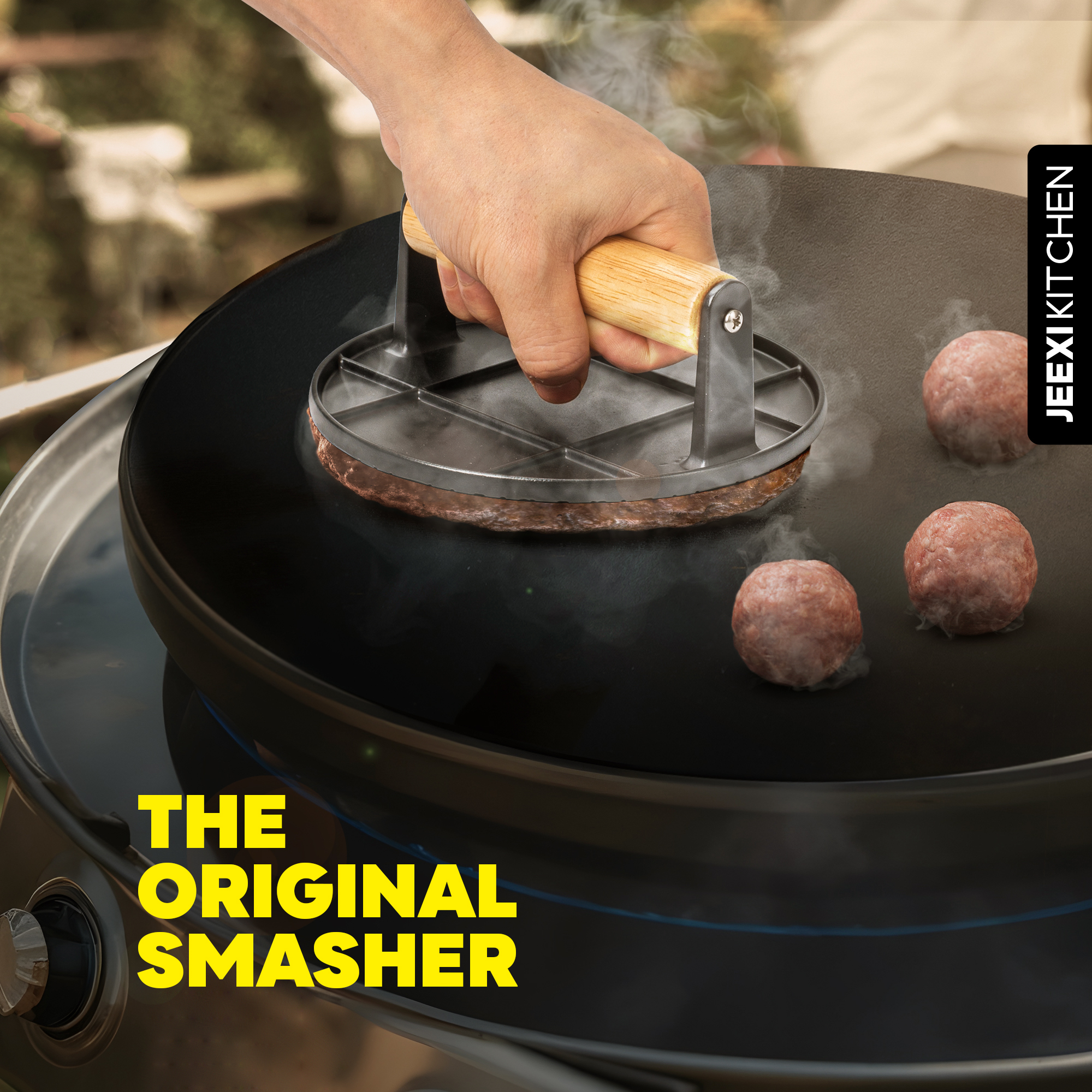 Cast Iron Grill Press Burger Press Bacon Press Barbecue Press Meat Press Burger Smasher Griddle Press Round Flat Press with Anti Scalding Wooden Handle 1
