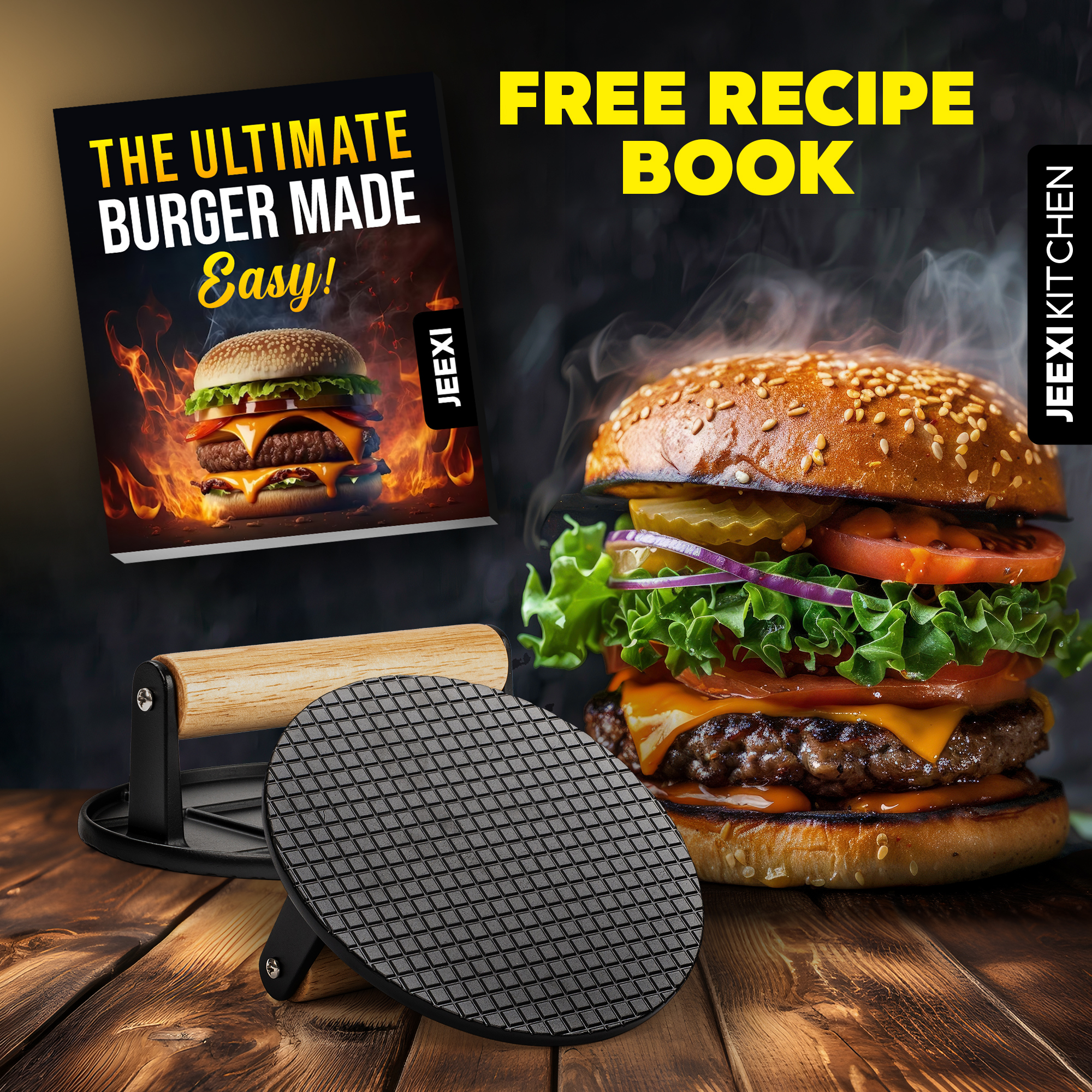 Cast Iron Grill Press Burger Press Bacon Press Barbecue Press Meat Press Burger Smasher Griddle Press Round Flat Press with Anti Scalding Wooden Handle 2