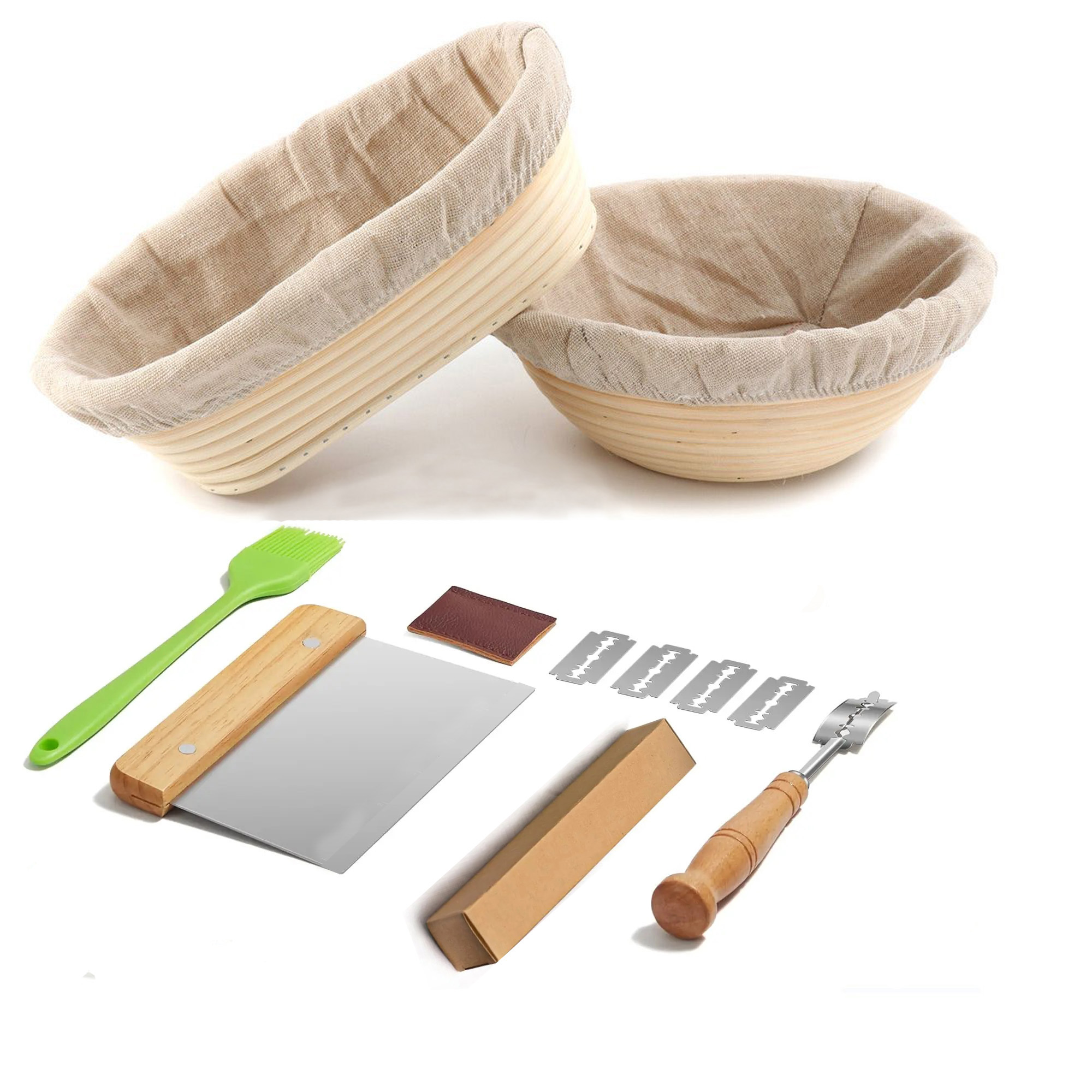 JEEXI Complete Sourdough Bread Baking Kit – 9 & 10 Banneton Proofing Baskets with Linen Liners, Bread Lame with 5 Blades & Leather Cover, Dough Scraper 0