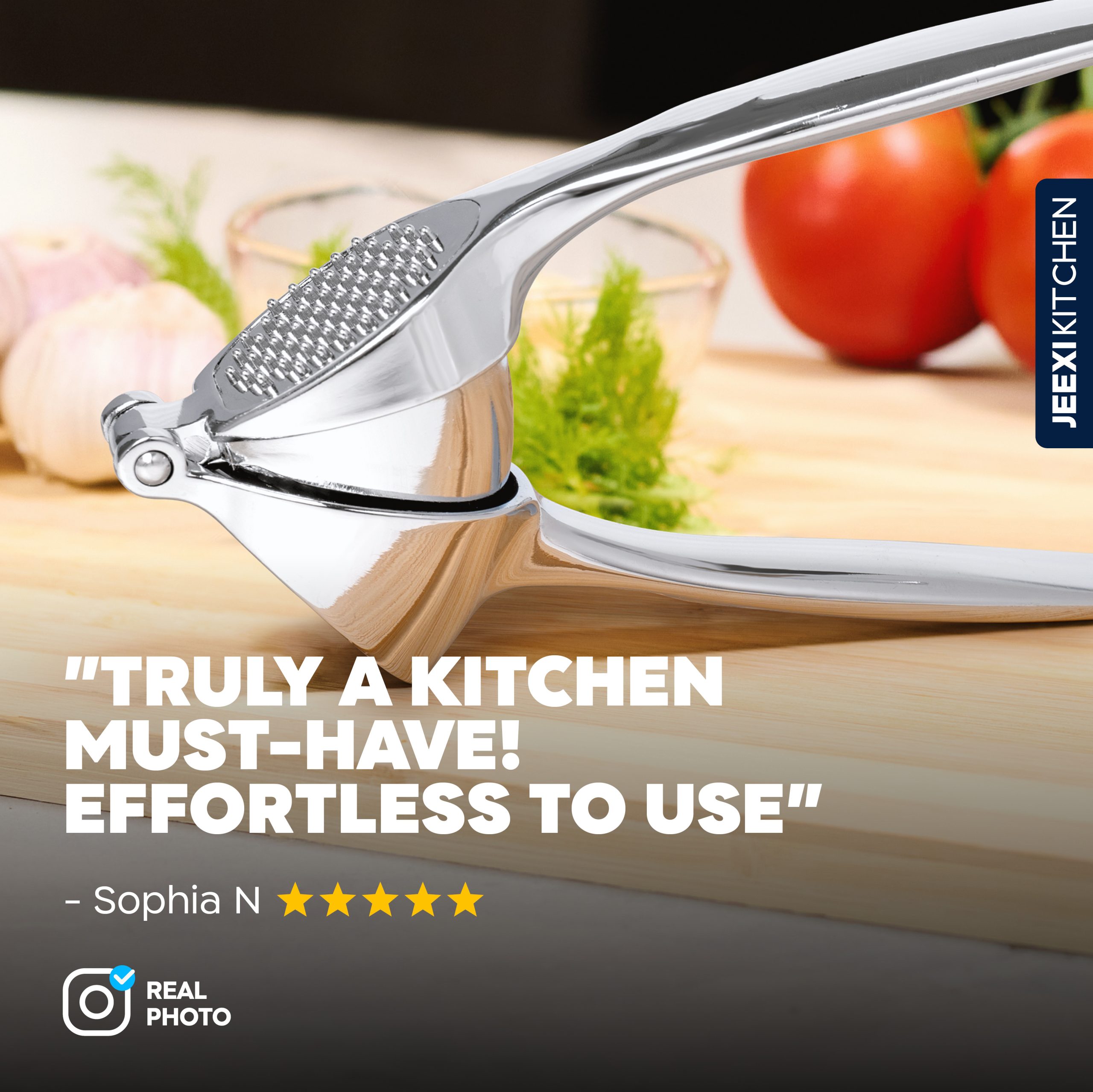 JEEXI Premium Garlic Press, Garlic Mincer with Ergonomic Grip Handle, Professional Garlic Presser Crusher and Peeler Set, Sturdy Ginger Press, Easy to Clean and 3