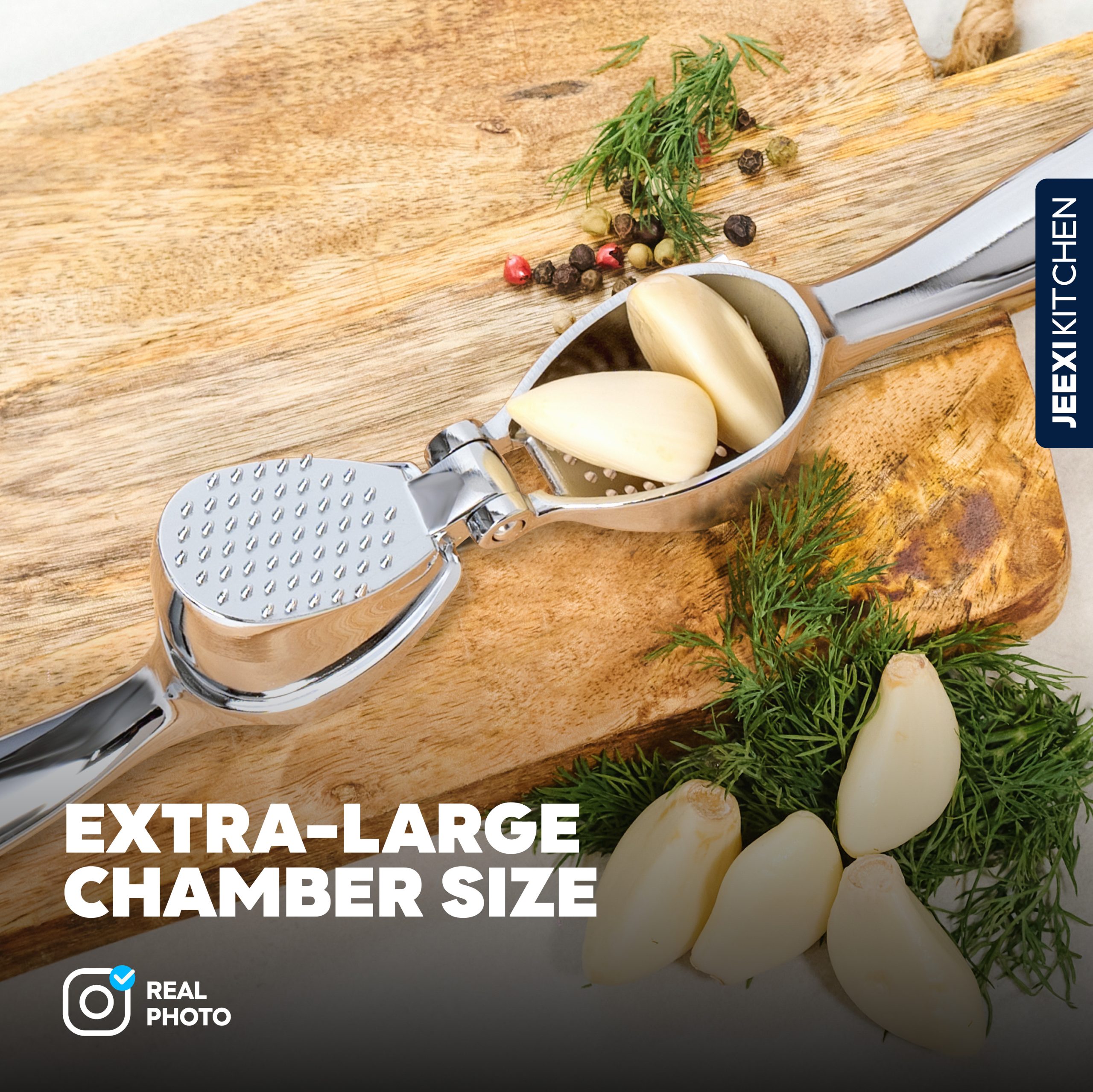 JEEXI Premium Garlic Press, Garlic Mincer with Ergonomic Grip Handle, Professional Garlic Presser Crusher and Peeler Set, Sturdy Ginger Press, Easy to Clean and 4
