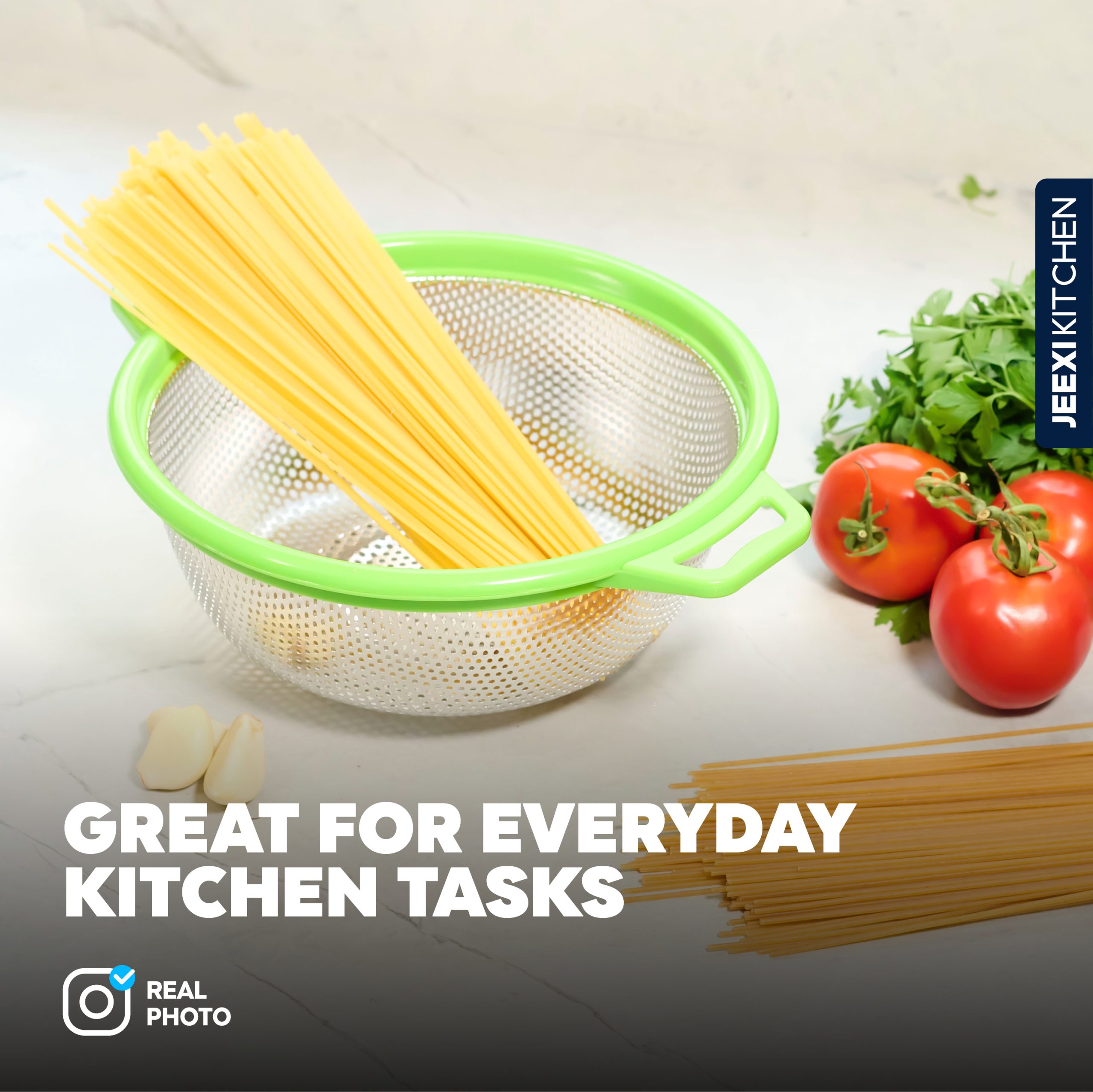 JEEXI Stainless Steel Colander With Handles, Large Metal Green Mesh Strainer for Pasta, Spaghetti, Berry, Veggies, Fruits, Noodles, Salads - Dishwasher 1
