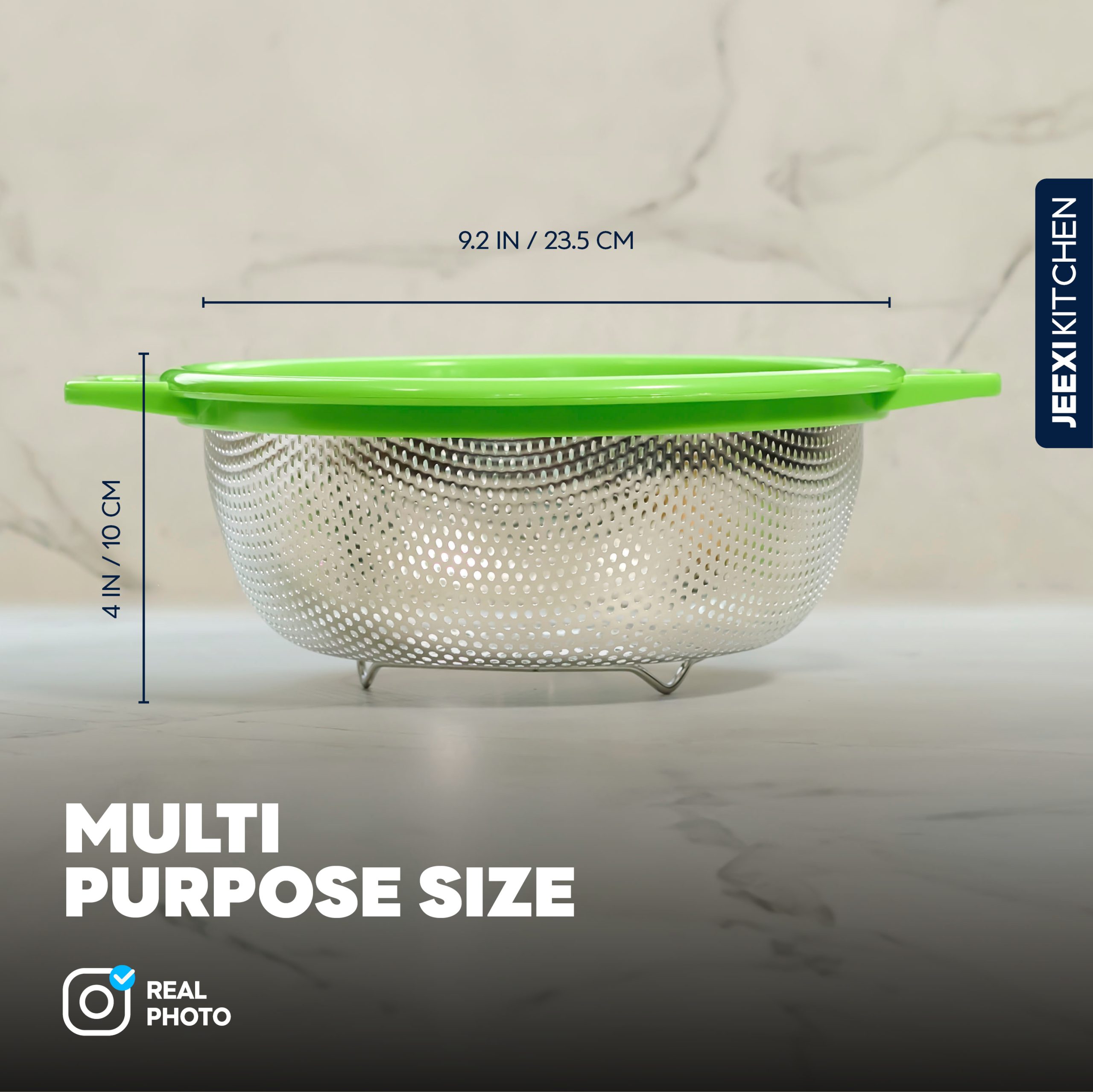 JEEXI Stainless Steel Colander With Handles, Large Metal Green Mesh Strainer for Pasta, Spaghetti, Berry, Veggies, Fruits, Noodles, Salads - Dishwasher 3