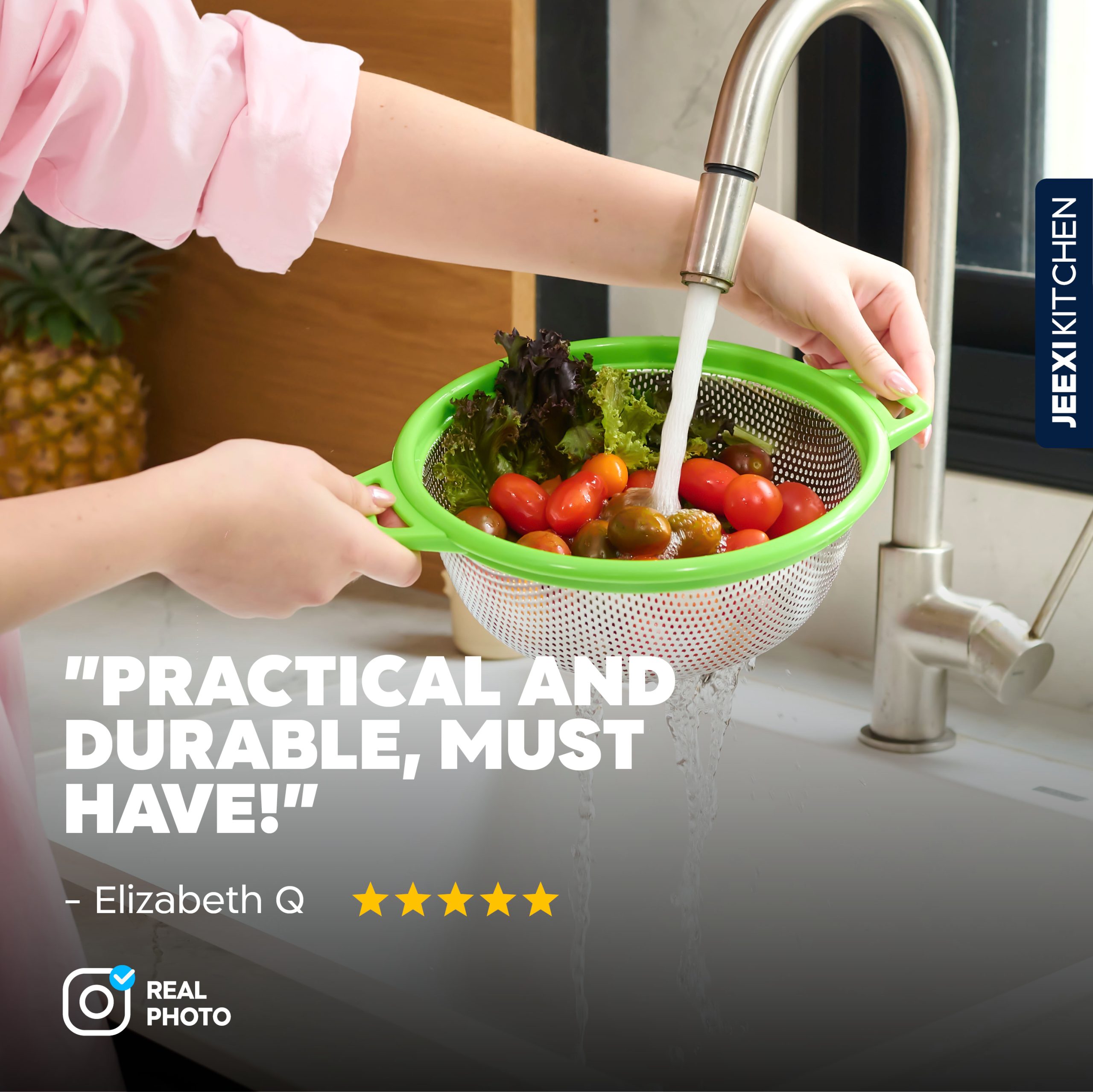 JEEXI Stainless Steel Colander With Handles, Large Metal Green Mesh Strainer for Pasta, Spaghetti, Berry, Veggies, Fruits, Noodles, Salads - Dishwasher 5