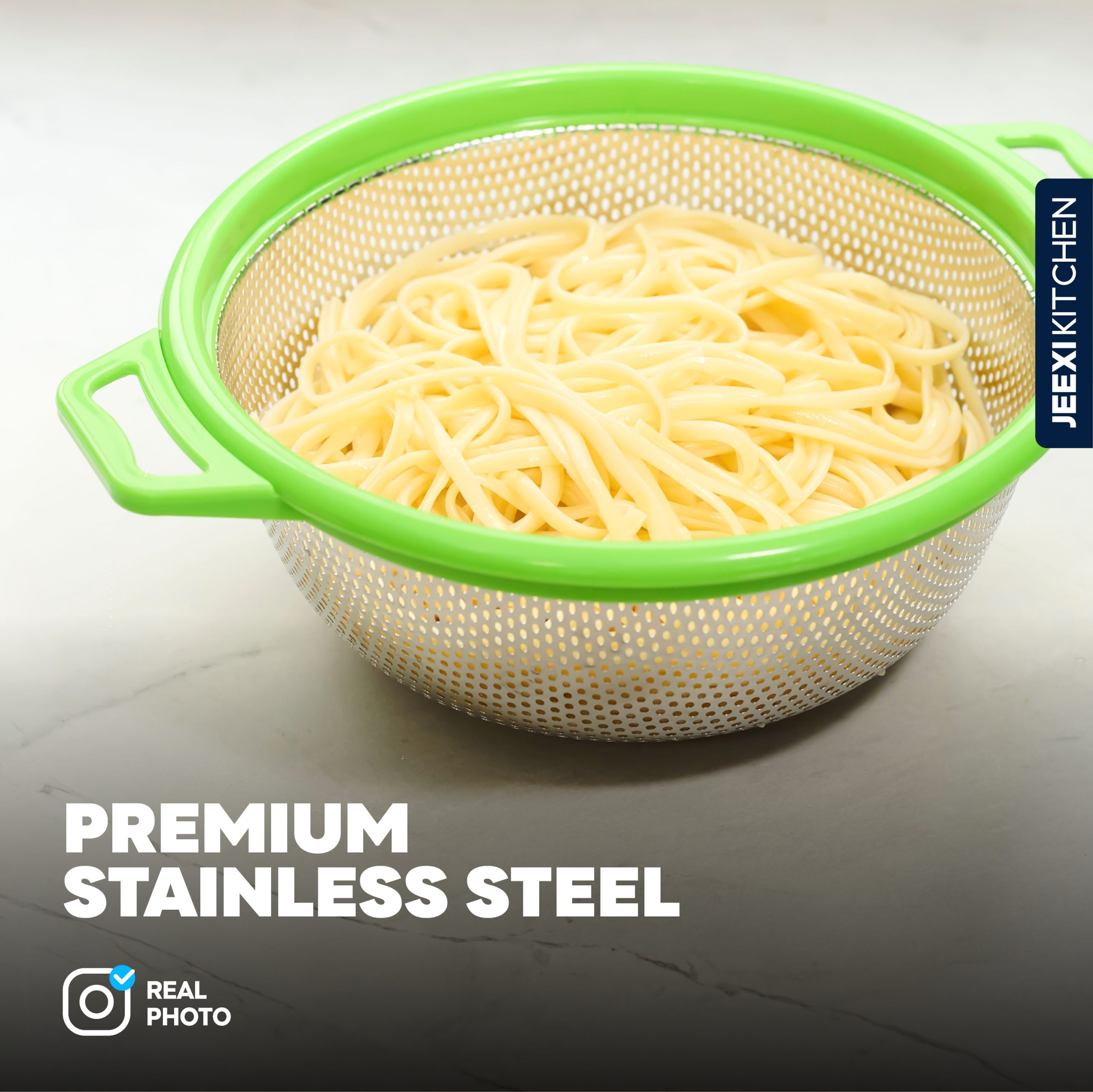 JEEXI Stainless Steel Colander With Handles, Large Metal Green Mesh Strainer for Pasta, Spaghetti, Berry, Veggies, Fruits, Noodles, Salads - Dishwasher 6