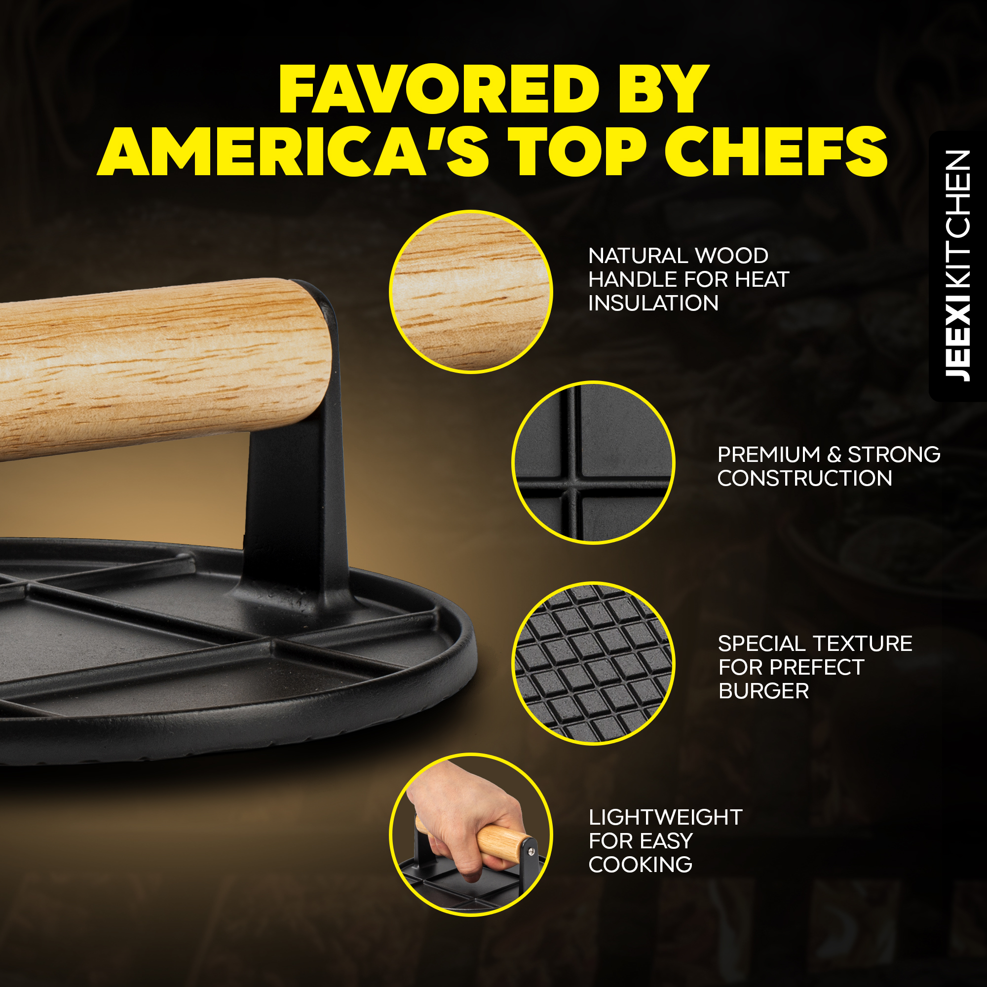 Premium Grill Press with Wooden Handle – Ultimate Burger, Bacon, and Meat Smasher for BBQ, Griddle, and Skillet – Non-Stick, Heat Retaining, and Ergonomic 4