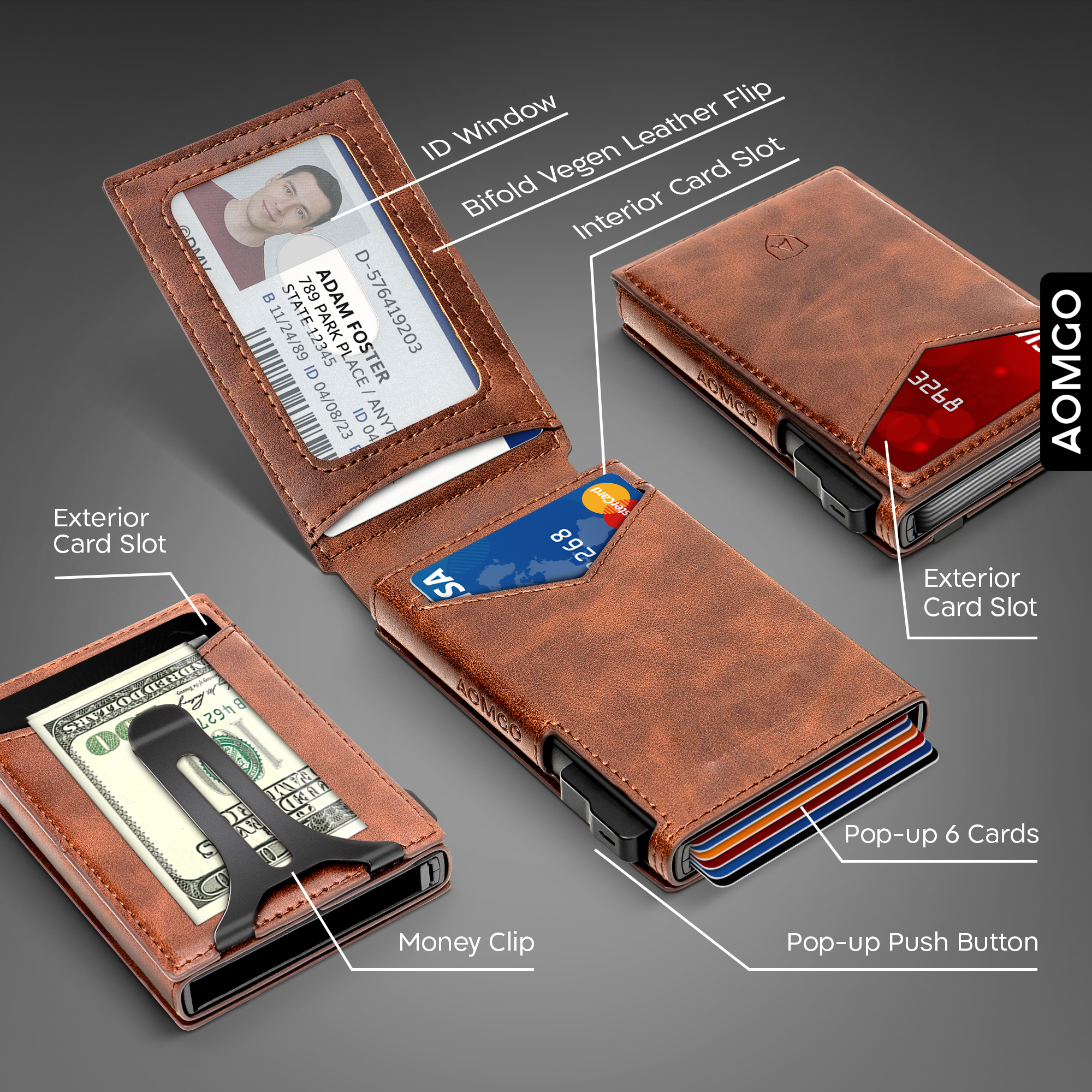 AOMGO Men Wallet,Money Clip Smart Wallet Slim For Gift Men 9Cards-Metal Credit Card Case in Magnetic Vegan Leather Flip 1
