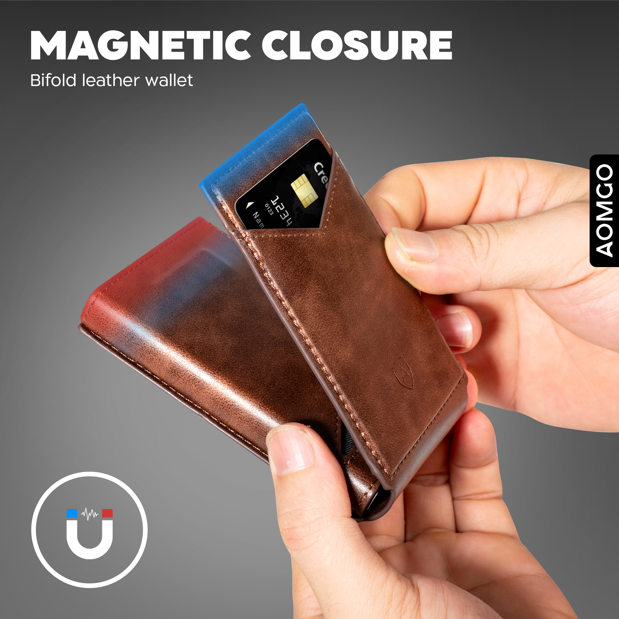 AOMGO Men Wallet,Money Clip Smart Wallet Slim For Gift Men 9Cards-Metal Credit Card Case in Magnetic Vegan Leather Flip 2