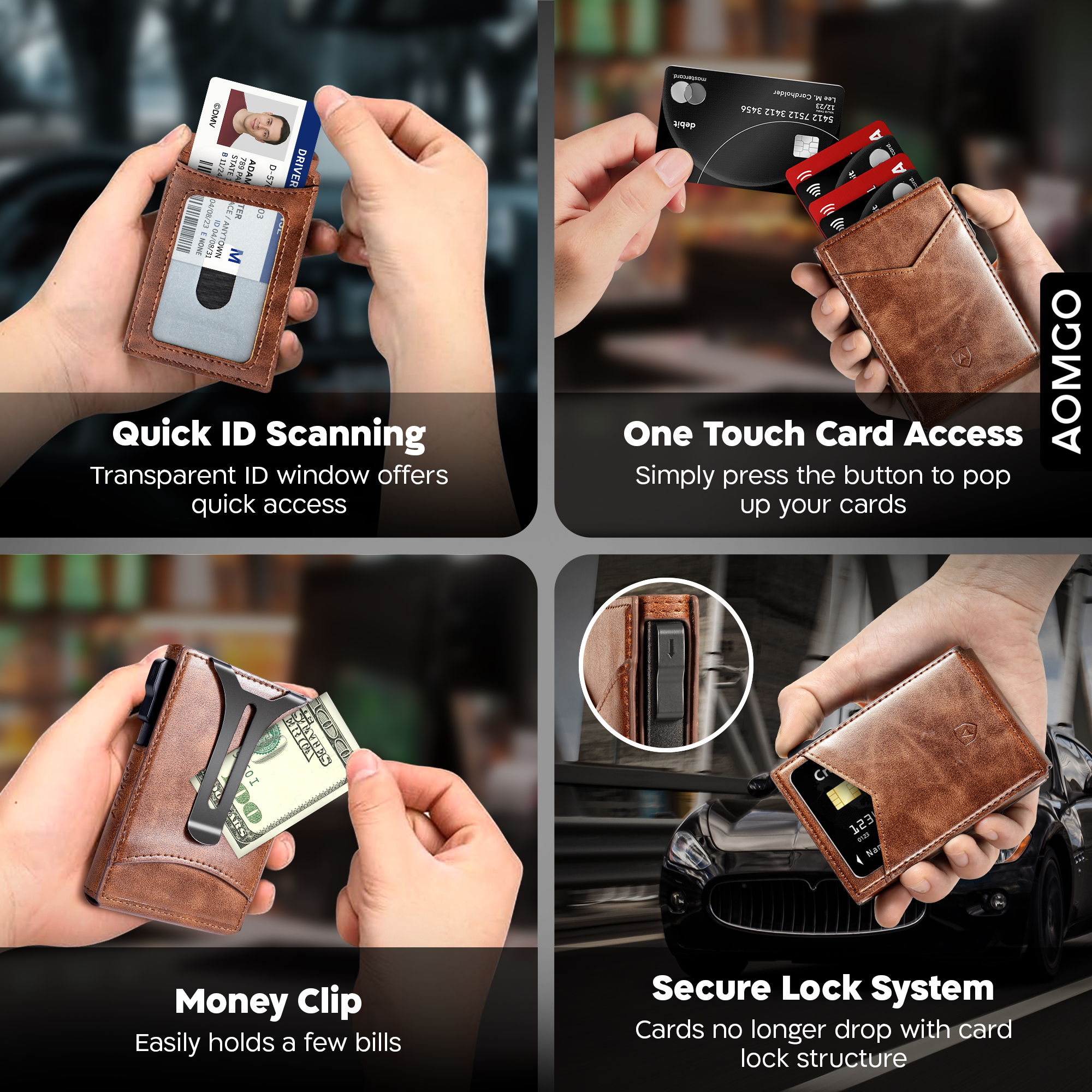 AOMGO Men Wallet,Money Clip Smart Wallet Slim For Gift Men 9Cards-Metal Credit Card Case in Magnetic Vegan Leather Flip 3