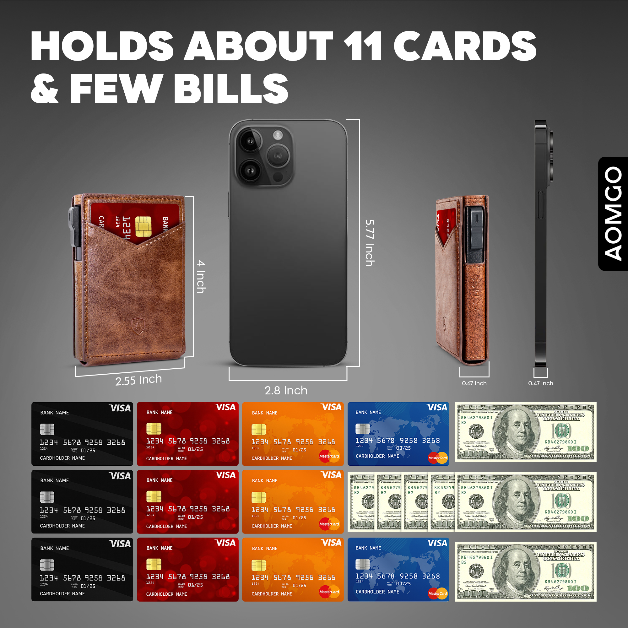 AOMGO Men Wallet,Money Clip Smart Wallet Slim For Gift Men 9Cards-Metal Credit Card Case in Magnetic Vegan Leather Flip 4