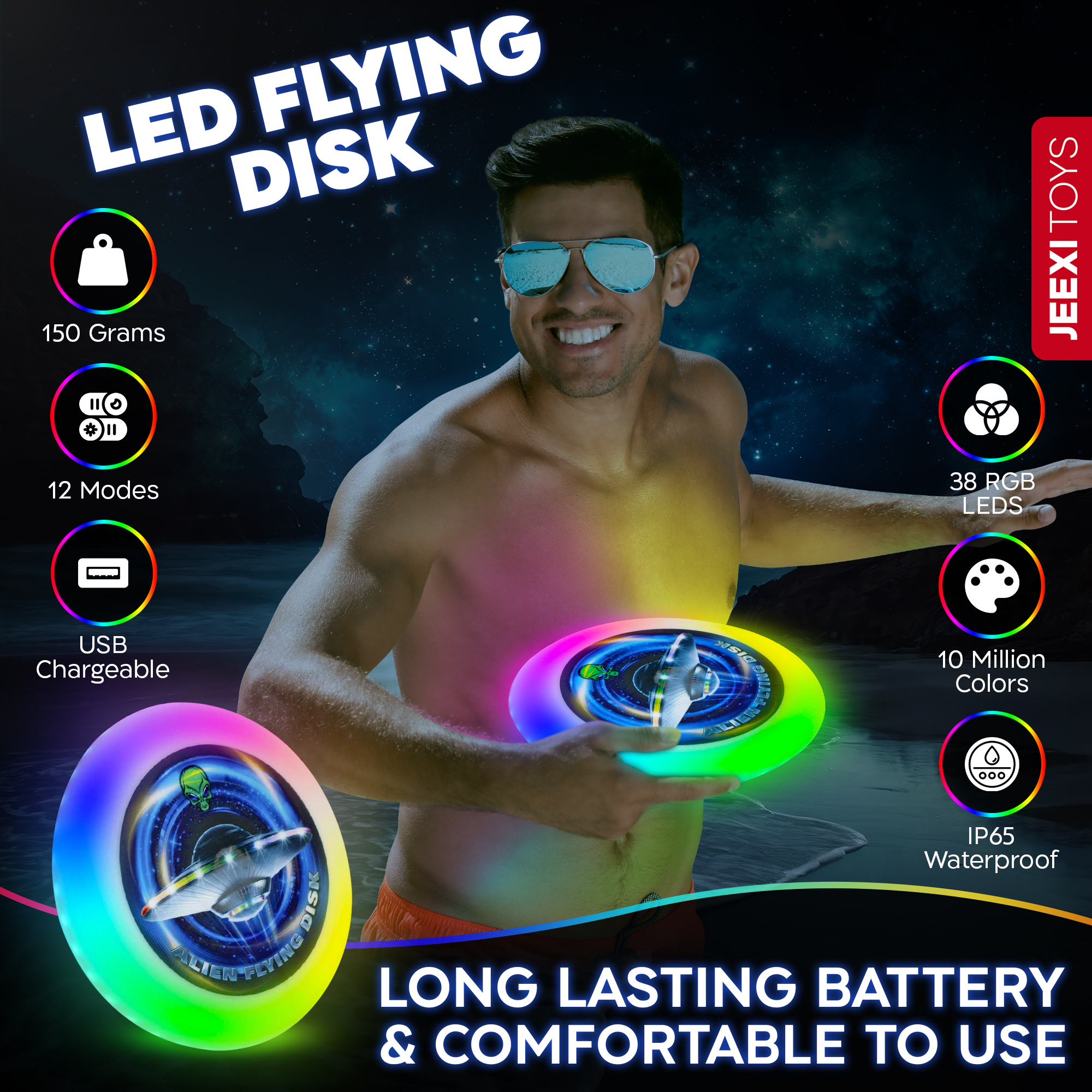 JEEXI Original LED Frisbee - Glow in The Dark Flying Disc with 38 LEDs, 12 Lighting Modes, Light-Up Frisbee for Outdoor Night Game Toy3