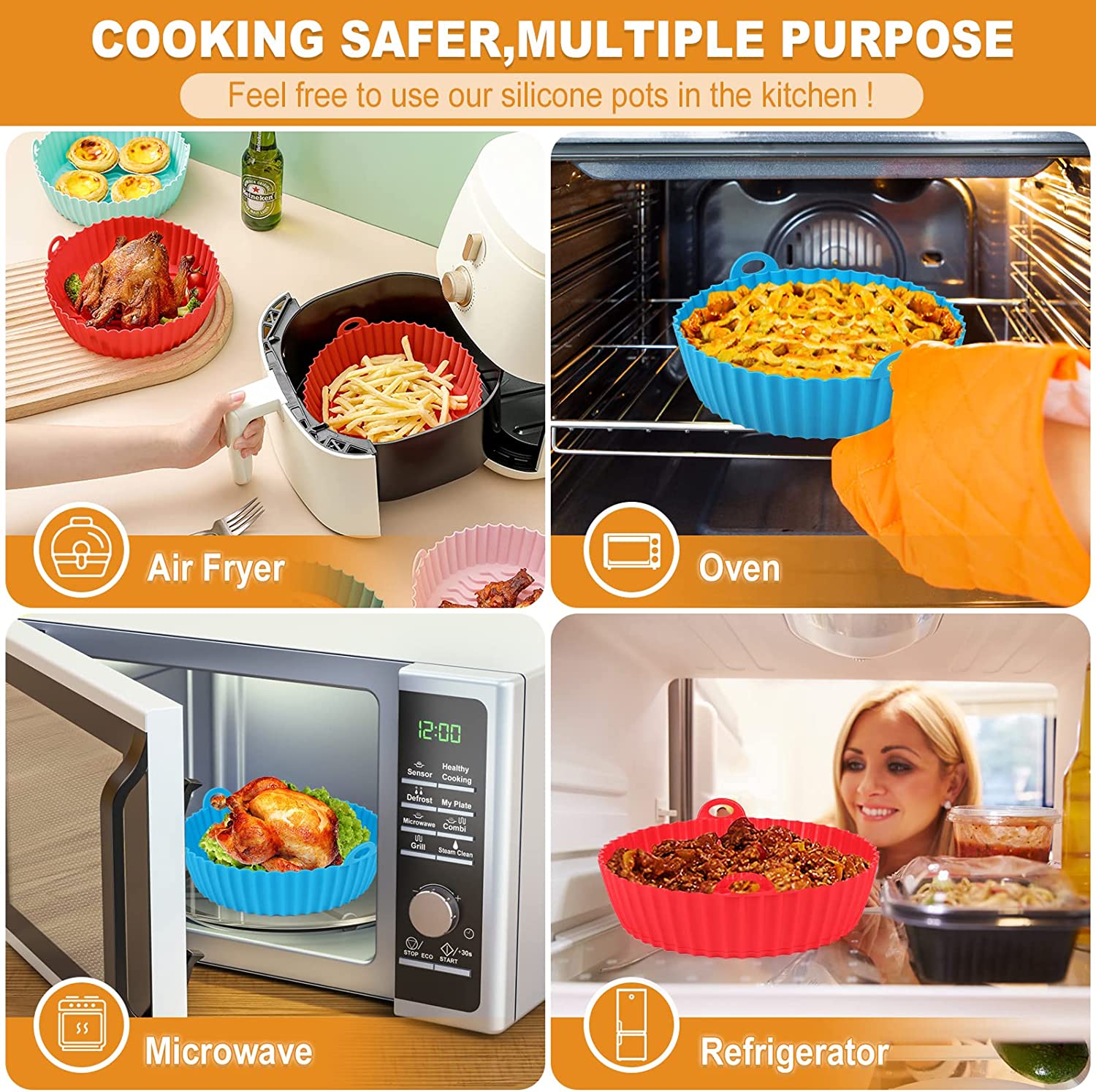 Air Fryer Silicone Liners - 8.5 Inch Reusable Airfryer Basket Heat Resistant - Air Fryer Inserts - Easy Cleaning Air fryers Silicone Pot Round.