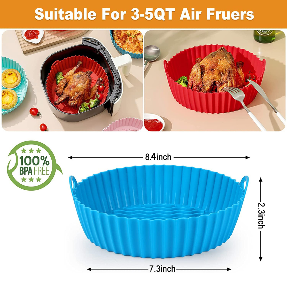 Air Fryer Silicone Liners - 8.5 Inch Reusable Airfryer Basket Heat Resistant - Air Fryer Inserts - Easy Cleaning Air fryers Silicone Pot Round.3