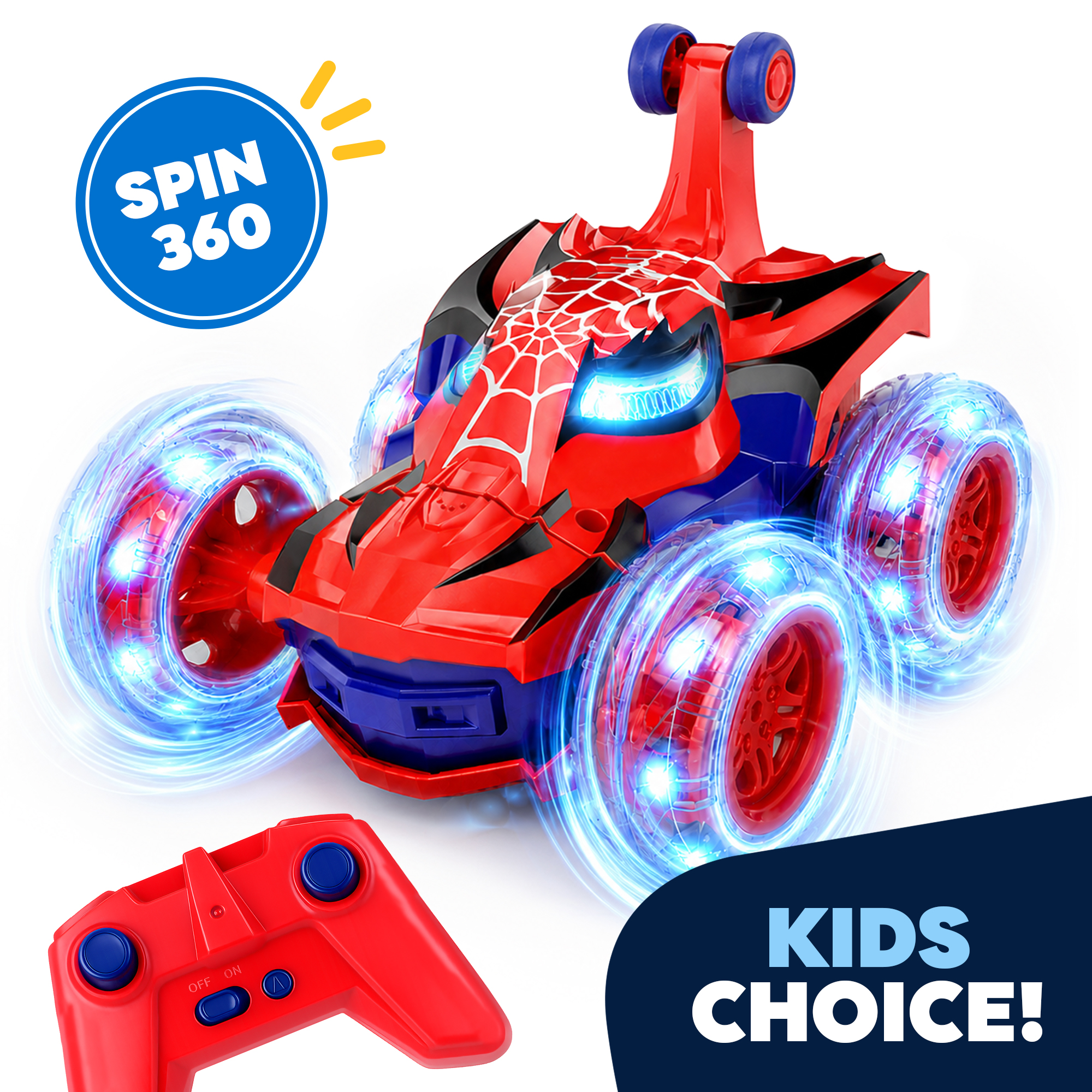 JEEXI Remote Control Stunt Spider Car for Kids, 360° Flips and Spins, Upright Driving, LED Light-Up Wheels, Auto Demo Mode, USB-C Rechargeable RC Car for Boys and Girls 1