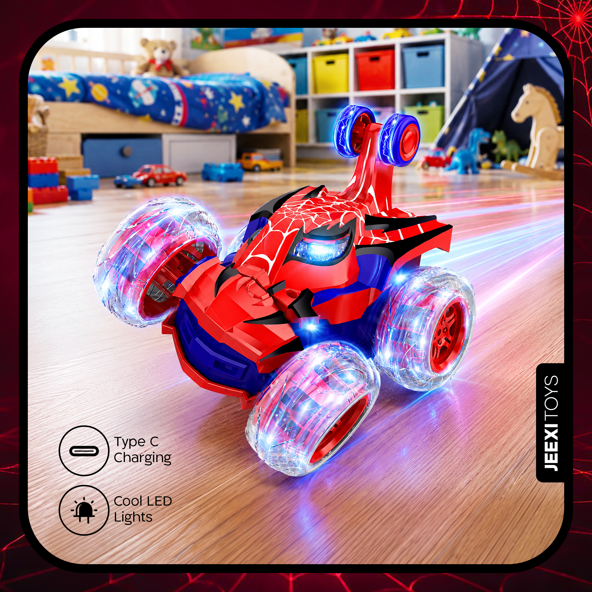 JEEXI Remote Control Stunt Spider Car for Kids, 360° Flips and Spins, Upright Driving, LED Light-Up Wheels, Auto Demo Mode, USB-C Rechargeable RC Car for Boys and Girls 2