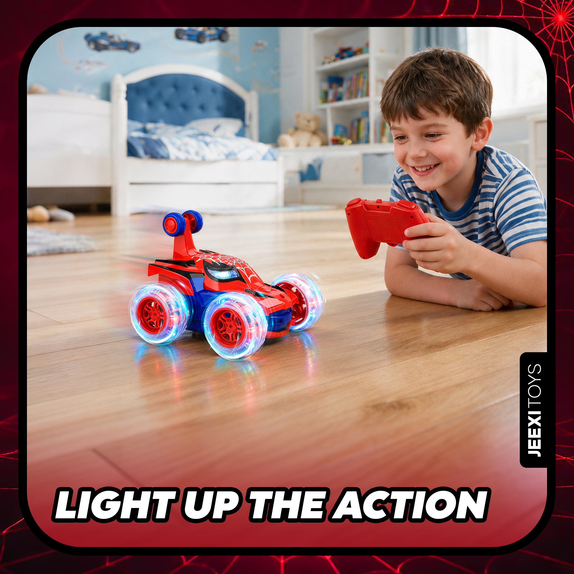 JEEXI Remote Control Stunt Spider Car for Kids, 360° Flips and Spins, Upright Driving, LED Light-Up Wheels, Auto Demo Mode, USB-C Rechargeable RC Car for Boys and Girls 5