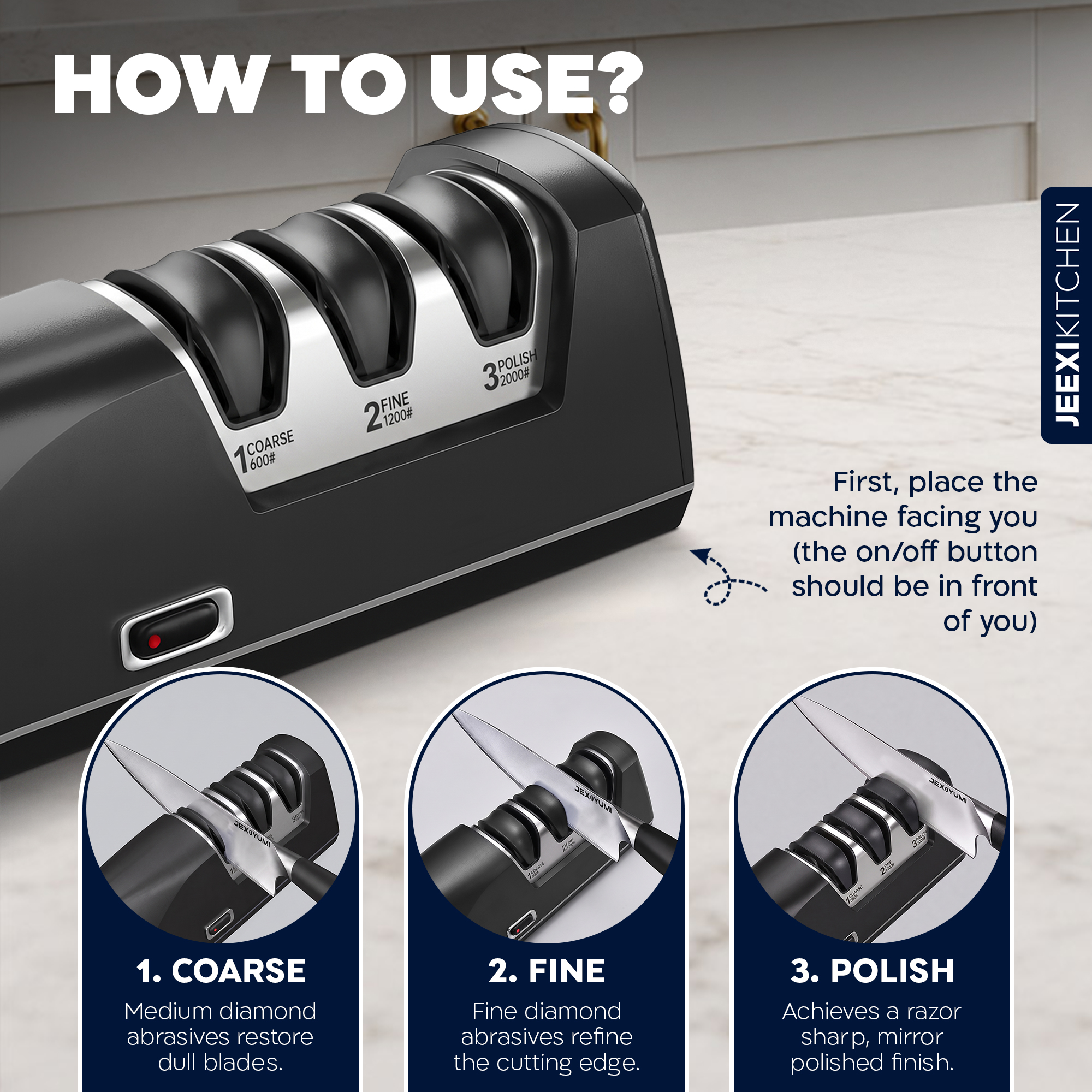 JEEXI Electric Knife Sharpener, 3-Stage Diamond Sharpening System with Coarse, Fine and Polish Slots, 3000 RPM Professional Kitchen Knife Sharpener 2