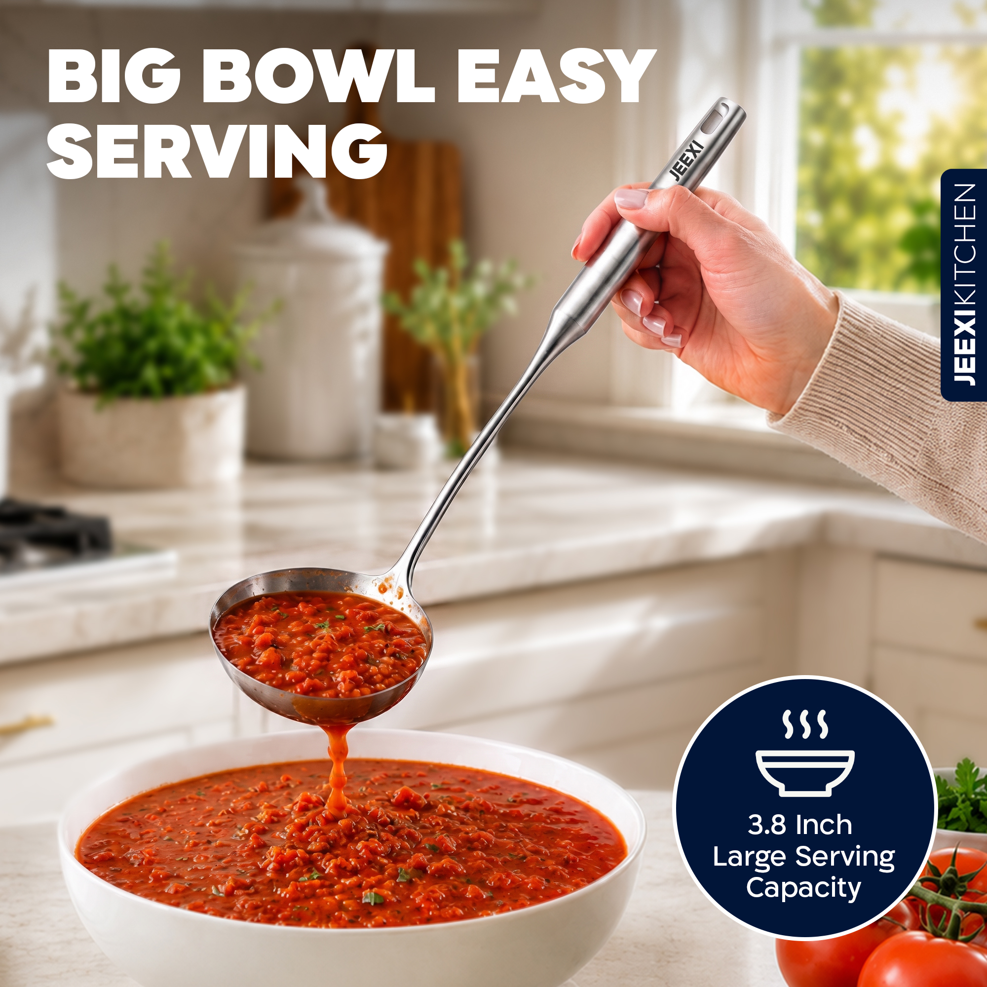 JEEXI Soup Ladle, Rustproof, Heat Resistance Resilient 304 Stainless Steel Soup Spoon with Vacuum Ergonomic Round Handle, Cooking Spoon for Kitchen 6